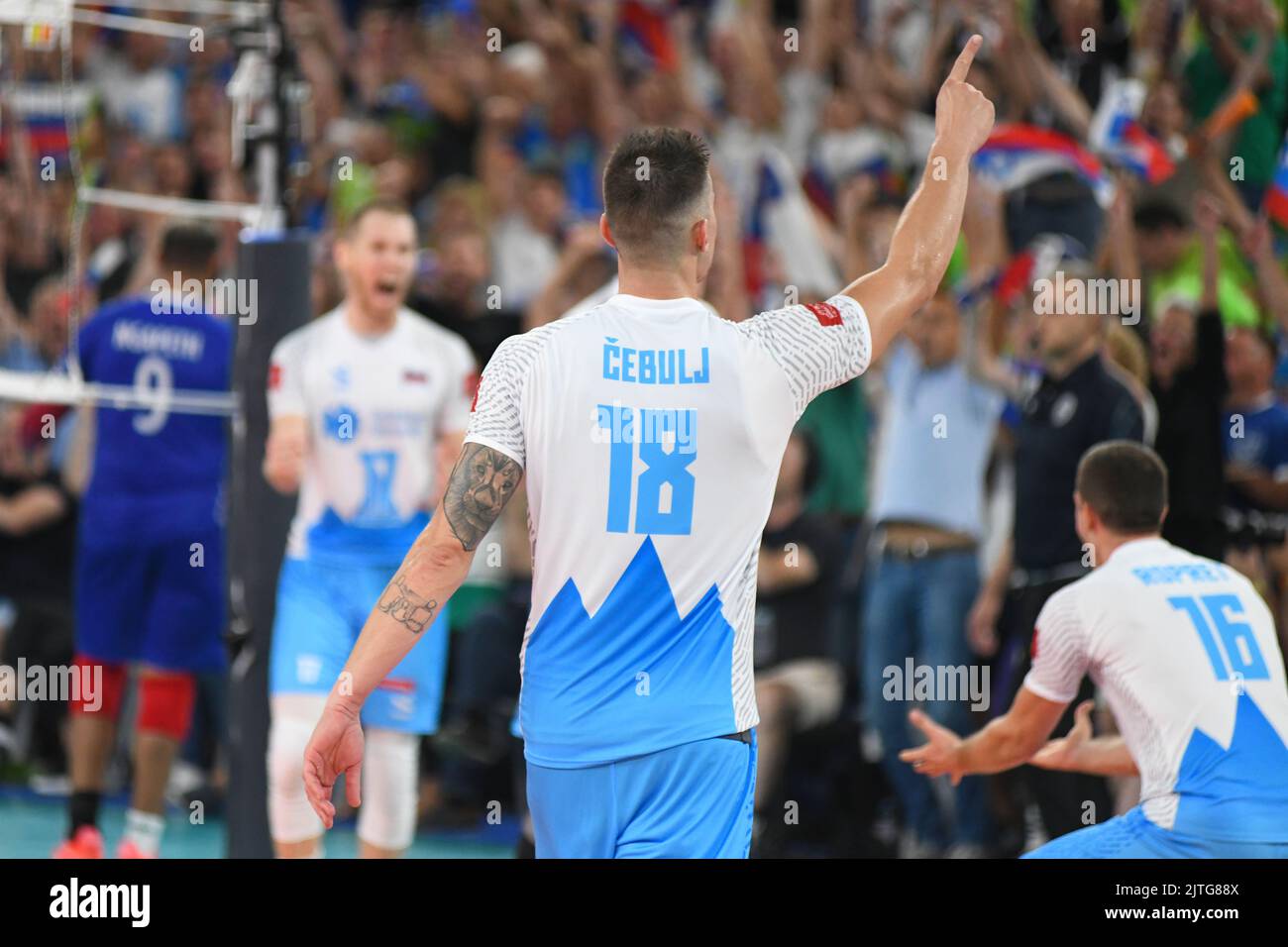 Klemen Cebulj (équipe nationale de volley-ball de Slovénie) célèbre à Stozice Arena. Championnat du monde de volley 2022. Banque D'Images