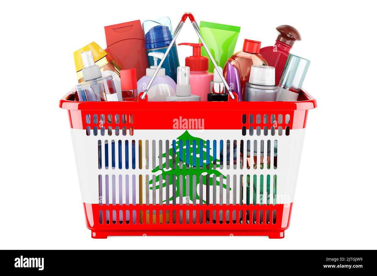 Panier avec drapeau libanais rempli de bouteilles cosmétiques, de produits pour les cheveux, le visage et les soins du corps. 3D rendu isolé sur fond blanc Banque D'Images