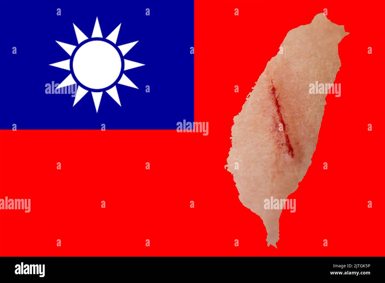 Applique correctement un effet de flou sur le drapeau de Taïwan, les couleurs officielles et la proportion. Drapeau national de Taïwan. Carte de Taïwan. Démocratie. Guerre et blessure de sang. La guerre entre la Chine et Banque D'Images