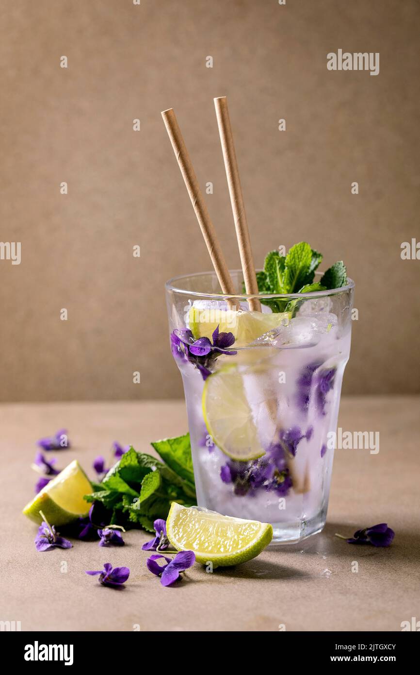 Verre transparent de soda à la limonade avec menthe, glace à la fleur de violettes et tranches de lime, pailles en papier, debout sur une table brune. Boisson d'été froide Banque D'Images