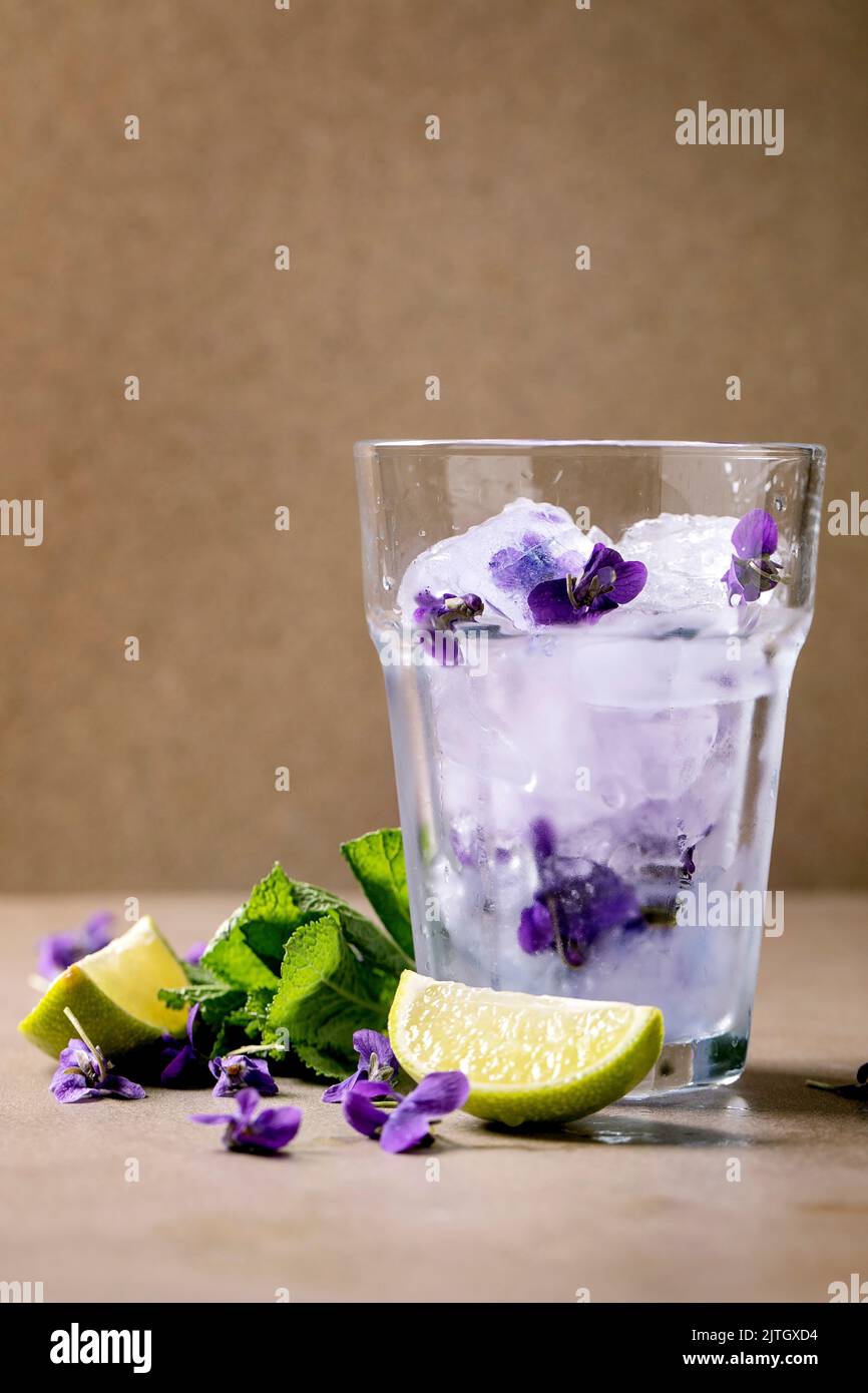 Verre transparent de soda à la limonade florale avec menthe, glace à la fleur de violettes et rondelles de lime sur une table brune. Rafraîchissement d'été froid Banque D'Images