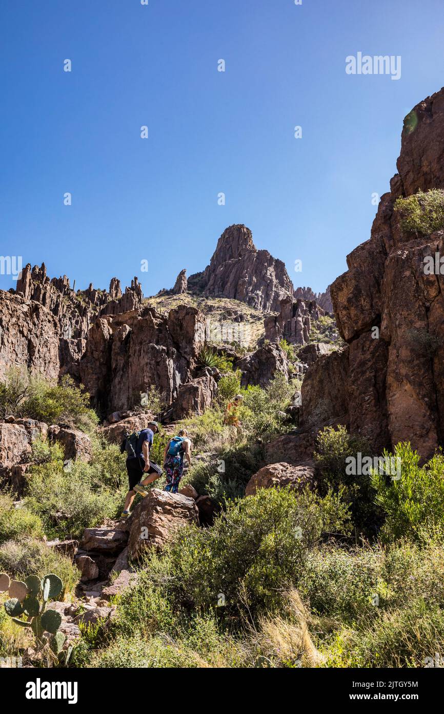 Les gens qui font de la randonnée à Siphon attirent dans le parc national Lost Dutchman, Arizona, États-Unis. Banque D'Images
