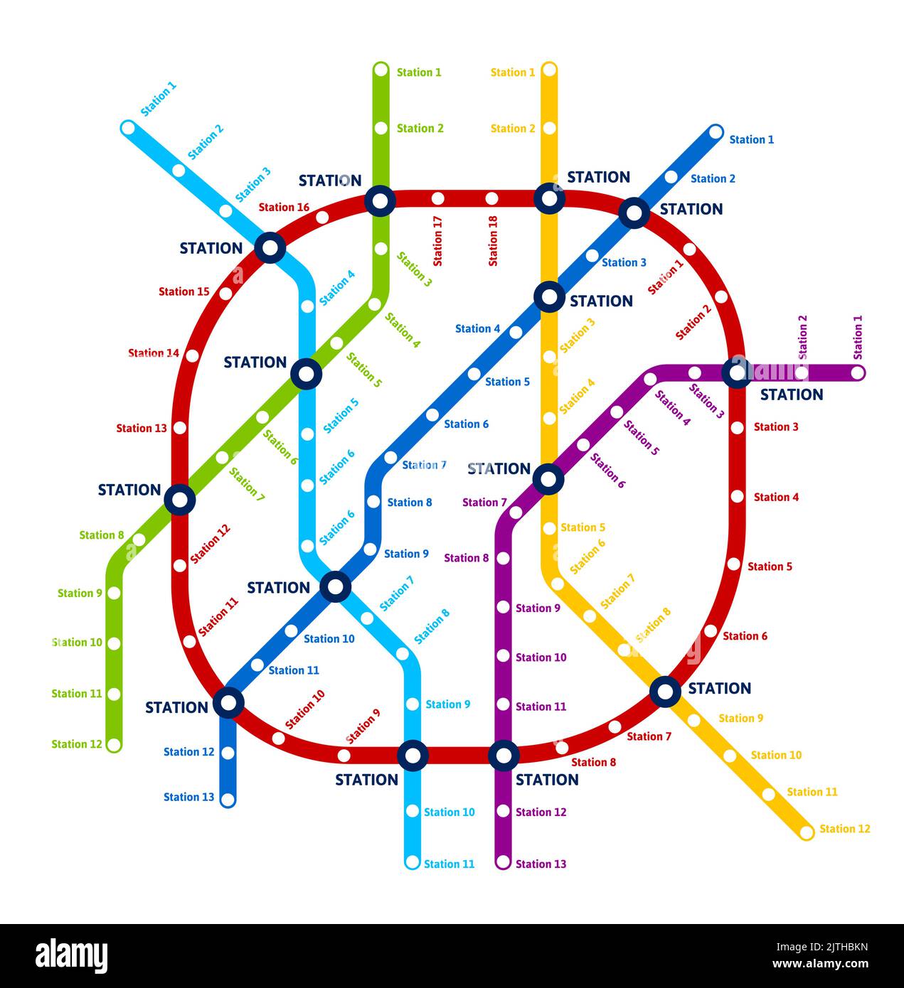 Carte du métro, du métro et des transports en commun. Plan de la ligne de vecteur avec les stations de métro, schéma abstrait de transport rapide par chemin de fer itinéraires colorés. Carte du réseau des tunnels de métro Illustration de Vecteur