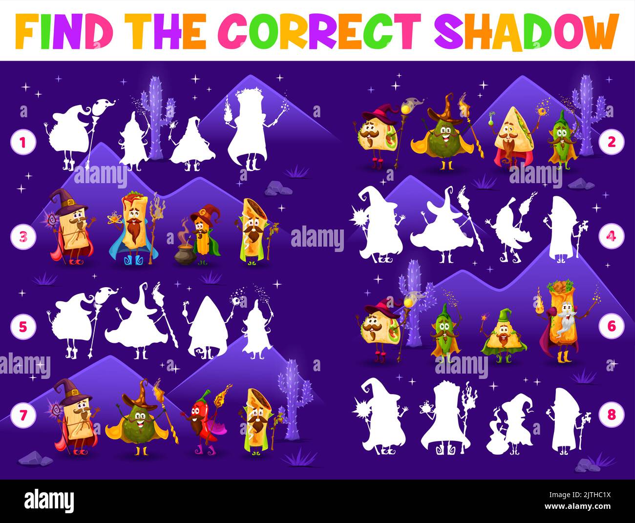 Shadow match jeu de dessin animé tex mex mexican Food Wizard personnages. Vector tacos, quesadilla et chimichanga, enchiladas, tamales ou burrito, churros, jalapeno, nachos et écluses d'avocat Illustration de Vecteur