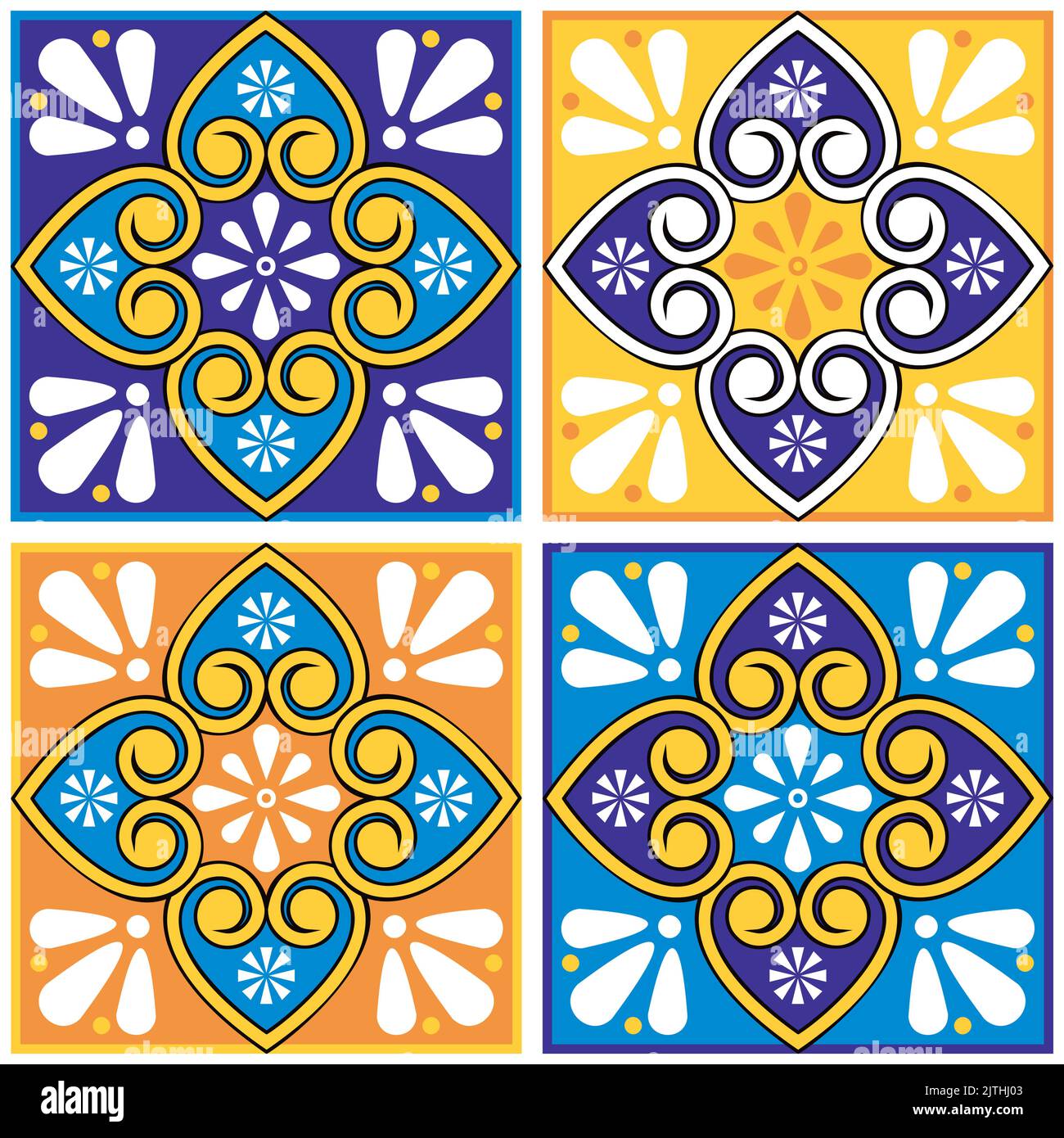 Talavera mexicain motif floral carreaux vectoriels sans coutures avec coeurs, verges jaune et bleu marine Illustration de Vecteur