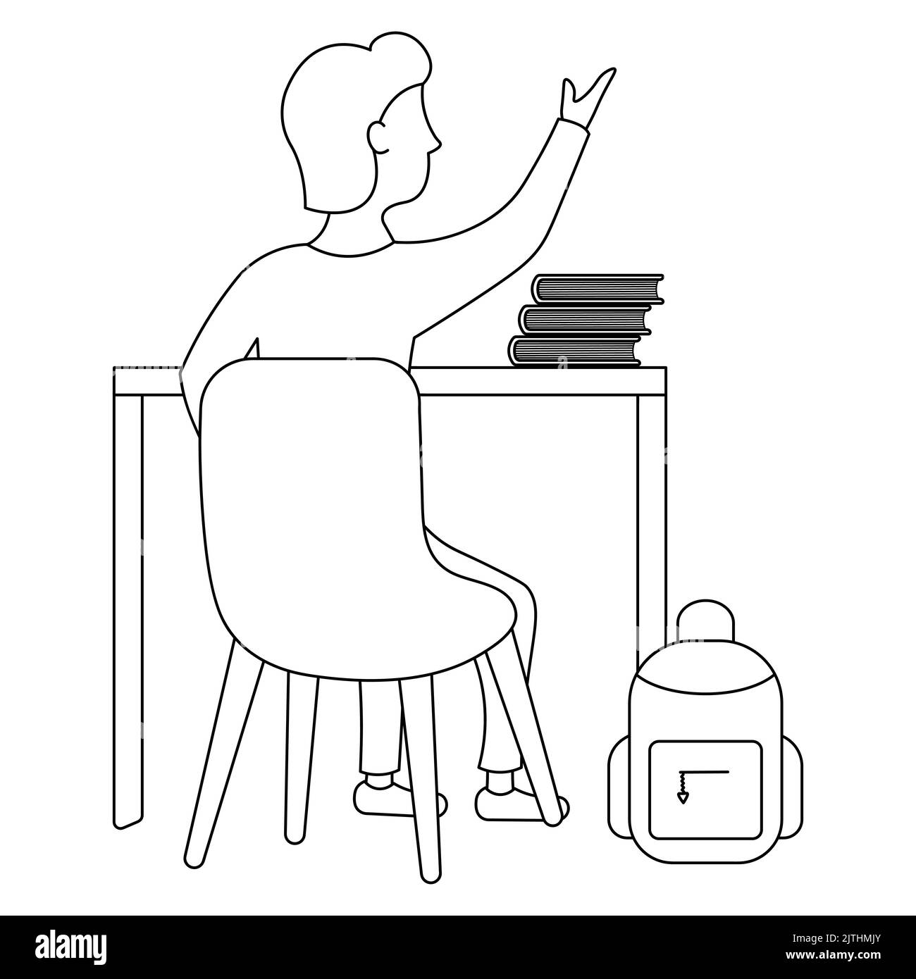 Un écolier s'assoit à un bureau à côté des manuels scolaires et d'une mallette et lève la main pour répondre à une question. Illustration de Vecteur
