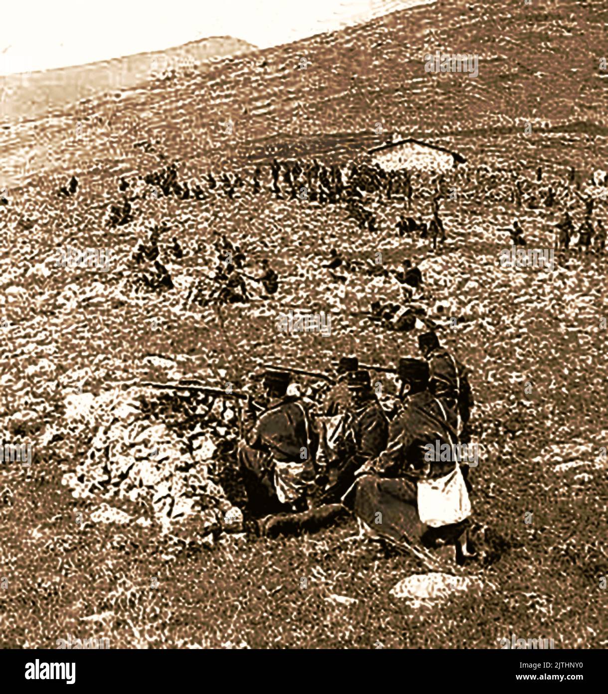 1897 - la guerre gréco-turque de 1st a été la guerre ottomane-grecque ---- Des soldats grecs en action près de la frontière turque près de Tyrnavo. La guerre a également été appelée Osmanlı-Yunan Savaşı , Türk-Yunan Savaşı, la Guerre de trente jours, les Noirs '97, Μαύρο '97, Mauro '97 et la guerre malheureuse ------ 1897 Ελληνοτουρκικός πόλεμος γνωστός και ως Τουρκοελληνικός Πόλεμος - Έλληνες στρατιώτες σε δράση κοντά στα τουρκικά σύνορα κοντά στο Τύρναβο. ------ 1897 Yunan-Türk Savaşı diğer adıyla Osmanlı-Yunan Savaşı - Tirnavo yakınlarındaki Türk sınırı yakınlarında hareket Banque D'Images