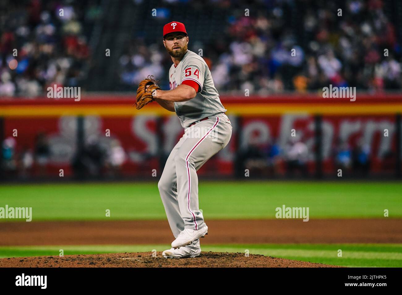 Sam Coonrod (54), pichet de Philadelphie Phillies, lance contre les Arizona Diamondbacks dans le cinquième repas lors d'un match de baseball MLB, mardi, Augus Banque D'Images