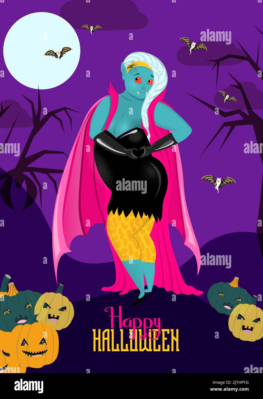Affiche de fête d'Halloween avec vampire et citrouilles. Illustration vectorielle. Pleine lune, sorcières, toiles d'araignée et araignées. Placer pour le texte. Brochure backgro Illustration de Vecteur