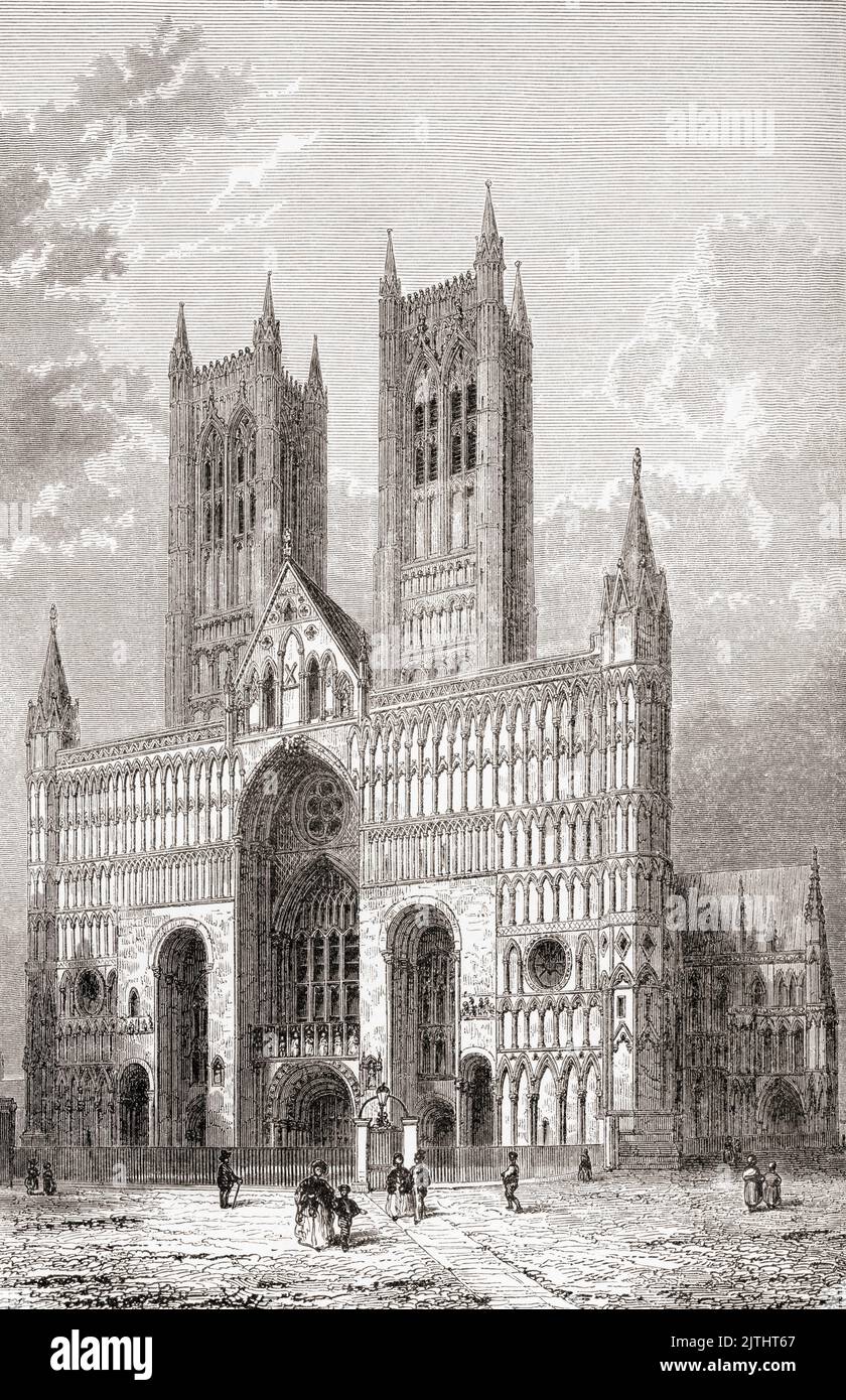 Lincoln Cathedral, Lincoln Minster, alias Cathedral Church of the Blessed Virgin Mary of Lincoln et St Mary's Cathedral, Lincoln, Angleterre, vu ici au 19th siècle. Construit dans le style gothique ancien, la construction a commencé en 1072 et a continué en plusieurs phases tout au long du Haut Moyen âge jusqu'en 1311. De les plus belles Églises du monde, publié en 1861. Banque D'Images