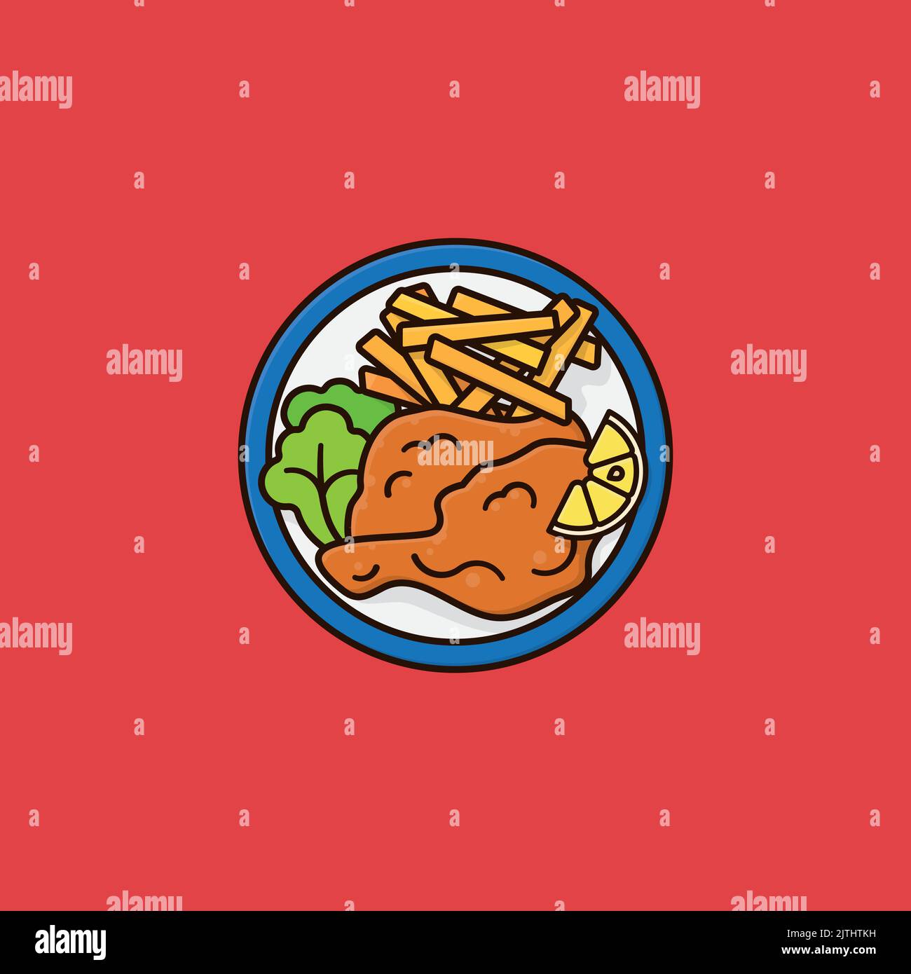 Wiener Schnitzel et frites sur une illustration vectorielle de plaque, style de contour plein, vue de dessus Illustration de Vecteur