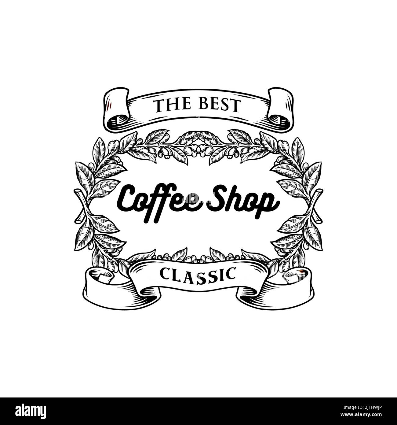 Coffee Shop Classic avec ruban Vintage Silhouette illustrations vectorielles pour votre travail logo, t-shirt de marchandise de mascotte, autocollants et dessins d'étiquettes, po Banque D'Images