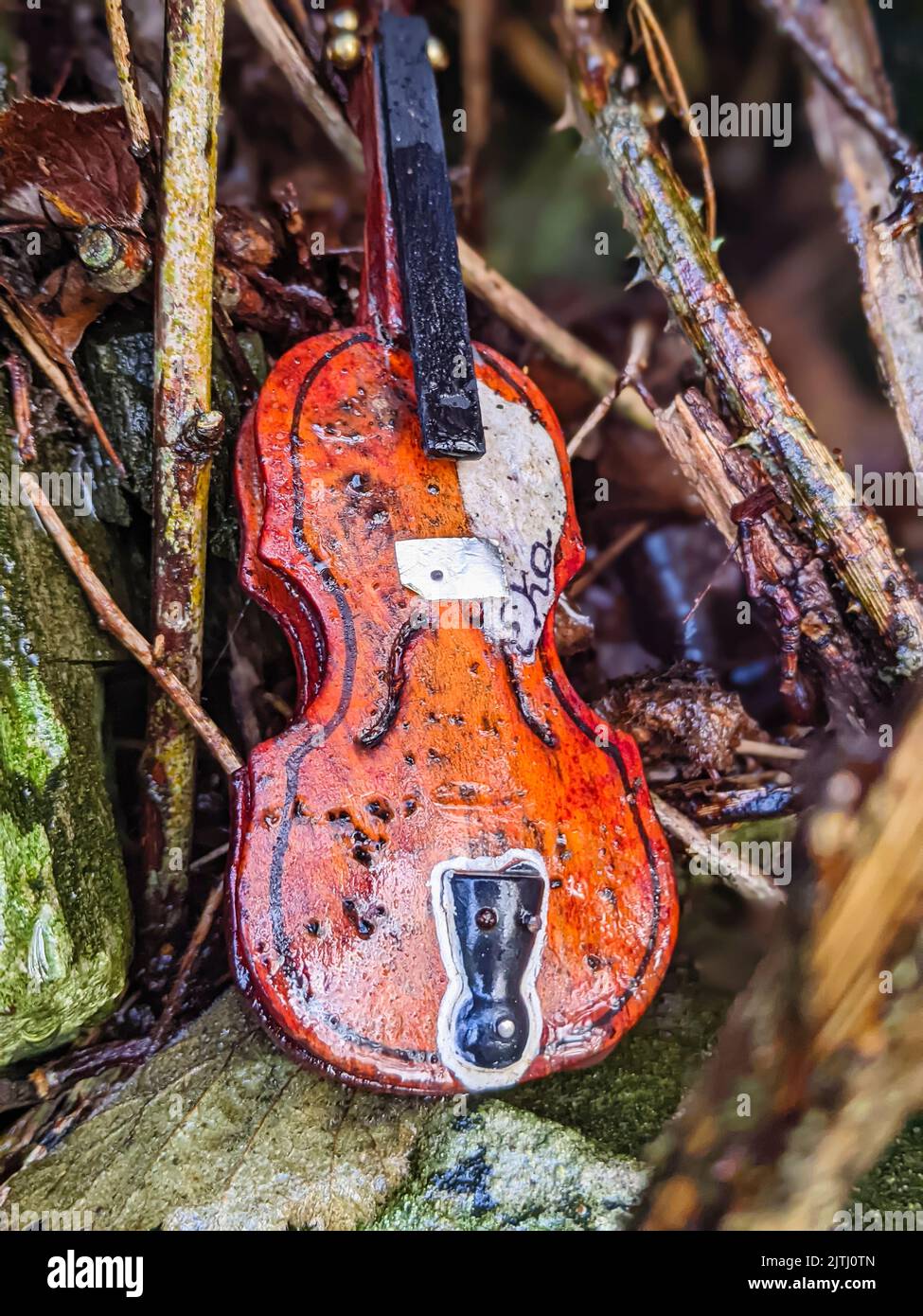 Cadeau d'un mannequin violon laissé par les visiteurs à un « sentier de fées », Irlande du Nord. Banque D'Images