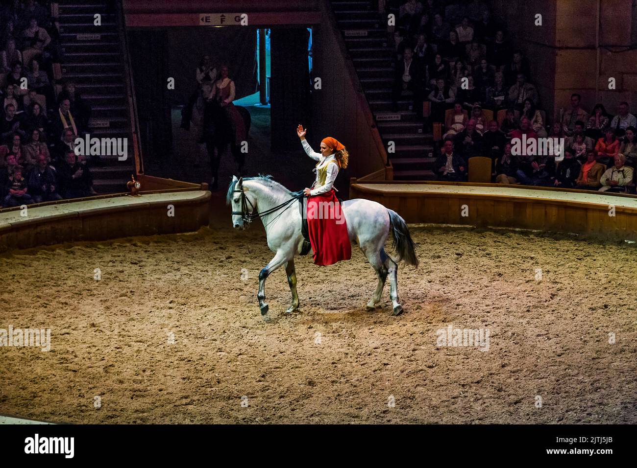 CHANTILLY, FRANCE - 14 MAI 2015 : ce spectacle fait partie du musée des chevaux - une démonstration de chevaux de dressage. Banque D'Images
