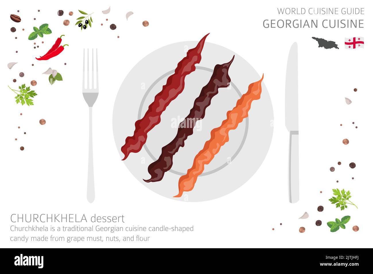 Guide de la cuisine du monde. Cuisine géorgienne. Churchkhela dessert isolé sur blanc, infographie. Illustration vectorielle Illustration de Vecteur