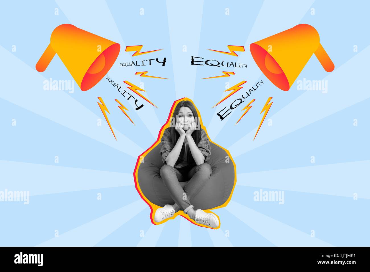 Collage photo de la jeune femme assis pouf tenir les joues malheureux stressé mauvais jour haut-parleur annonce anti-stress isolé sur fond bleu de couleur Banque D'Images
