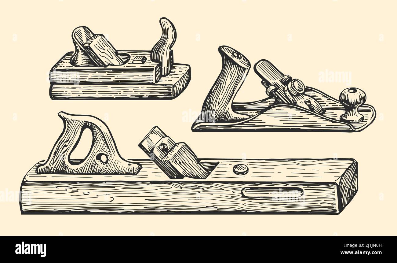 Jointer à la main dans un style vintage. Travail du bois, illustration vectorielle de l'outil de menuisier. Menuiserie, concept de travail du bois Illustration de Vecteur