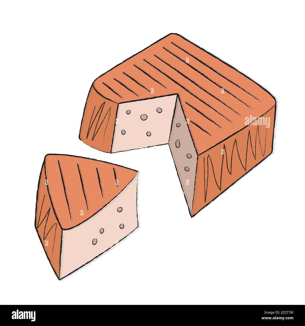 Le fromage italien carré est recouvert d'un film rouge et parsemé de poivre. Fromage en forme de gâteau avec une grande coupe. Légèrement doux Illustration de Vecteur
