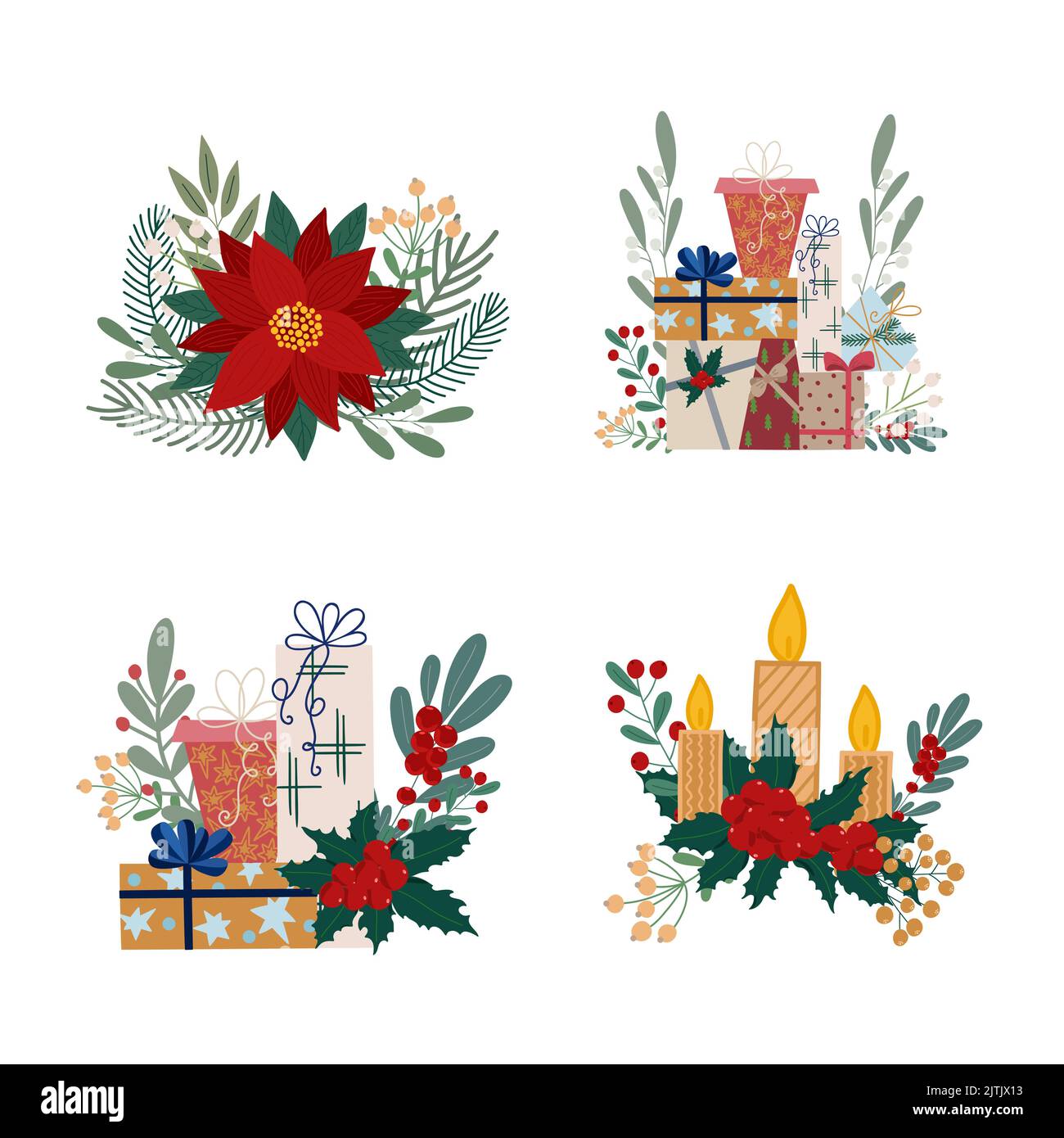 Décorations de Noël pour plantes et cadeaux ensemble illustration vectorielle, modèle de carte des fêtes d'hiver, modèle de fête de la période des fêtes Illustration de Vecteur