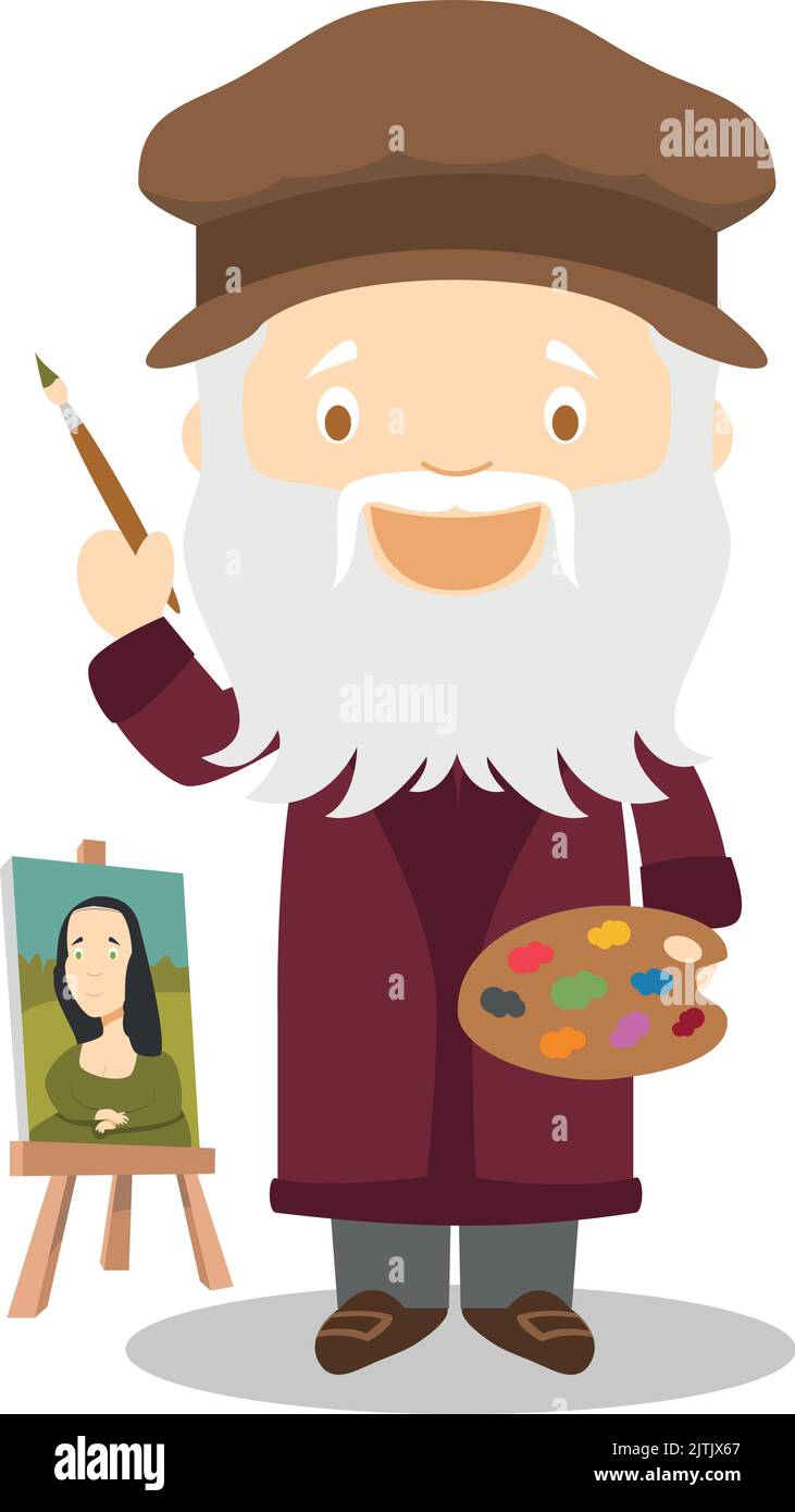 Personnage de dessin animé Leonardo da Vinci. Illustration vectorielle. Collection d'histoire pour enfants. Illustration de Vecteur