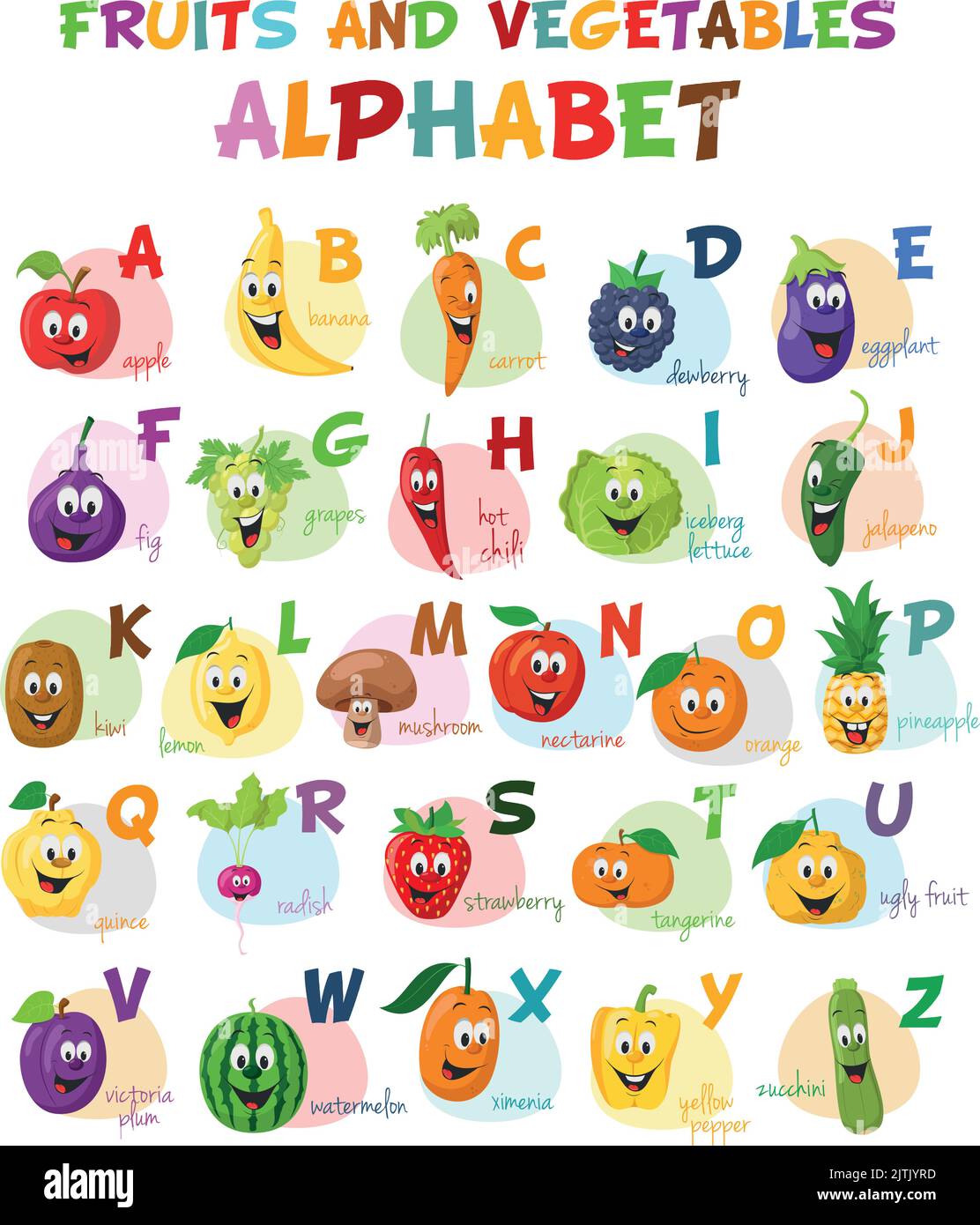 Joli dessin animé alphabet illustré avec des personnages amusants de fruits et de légumes. Alphabet anglais. Apprenez à lire. Illustration du vecteur isolé. Illustration de Vecteur
