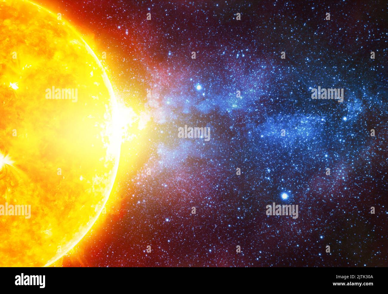 Étoile lumineuse contre ciel étoilé foncé coupée par la voie lactée quelque part dans l'espace lointain, éléments de cette image fournis par la NASA Banque D'Images