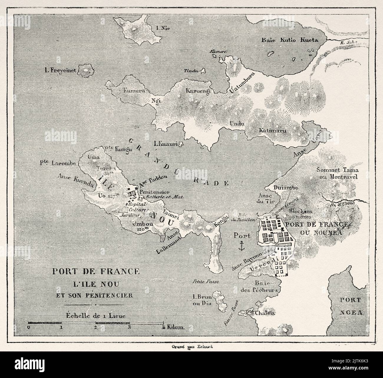 Ancienne carte de Nouméa, Nouvelle-Calédonie. Voyage en Nouvelle-Calédonie par Jules Garnier 1863-1866 au départ du Tour du monde 1867 Banque D'Images