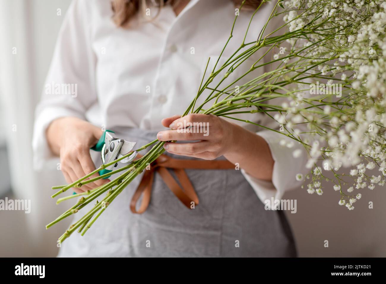 femme coupant tige de fleur avec sécateur Banque D'Images