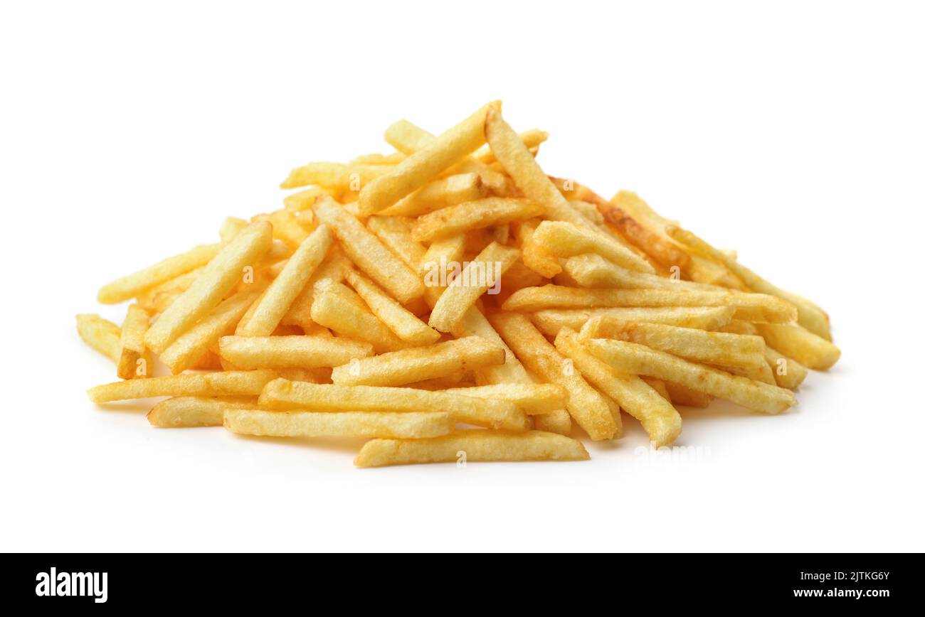 Pile de frites dorées isolées sur du blanc Banque D'Images