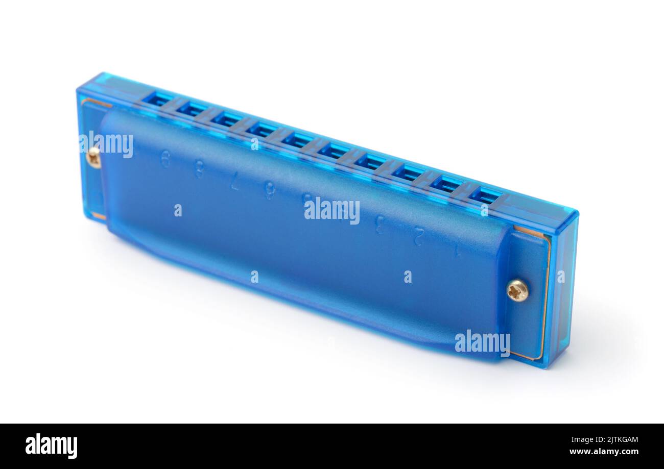 Harmonica en plastique bleu isolated on white Banque D'Images