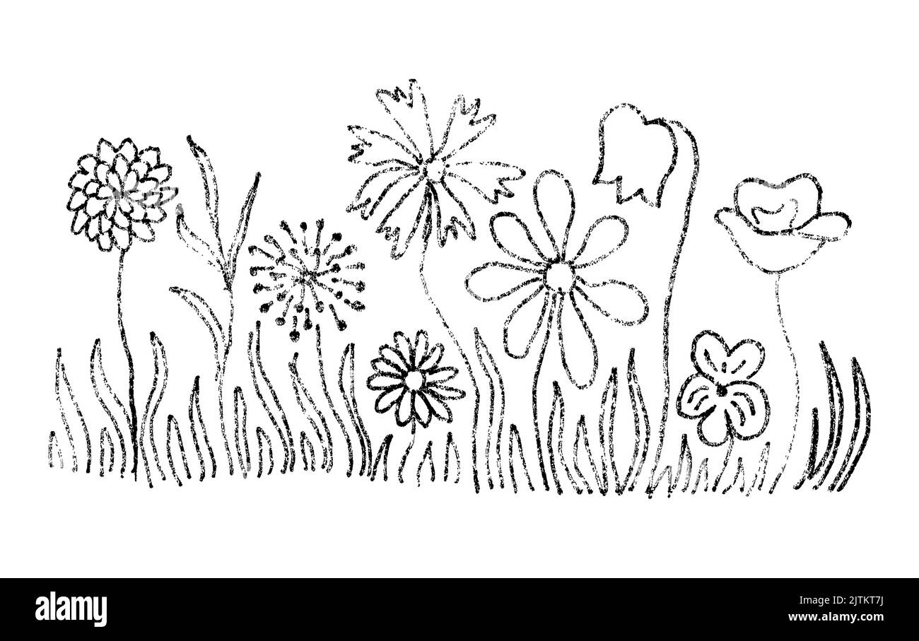 Enfant dessin style fleurs et papillon. Crayon de cire comme un motif vectoriel sur un arrière-plan blanc coladorable et séparé. Les éléments peuvent être réorganisés Illustration de Vecteur