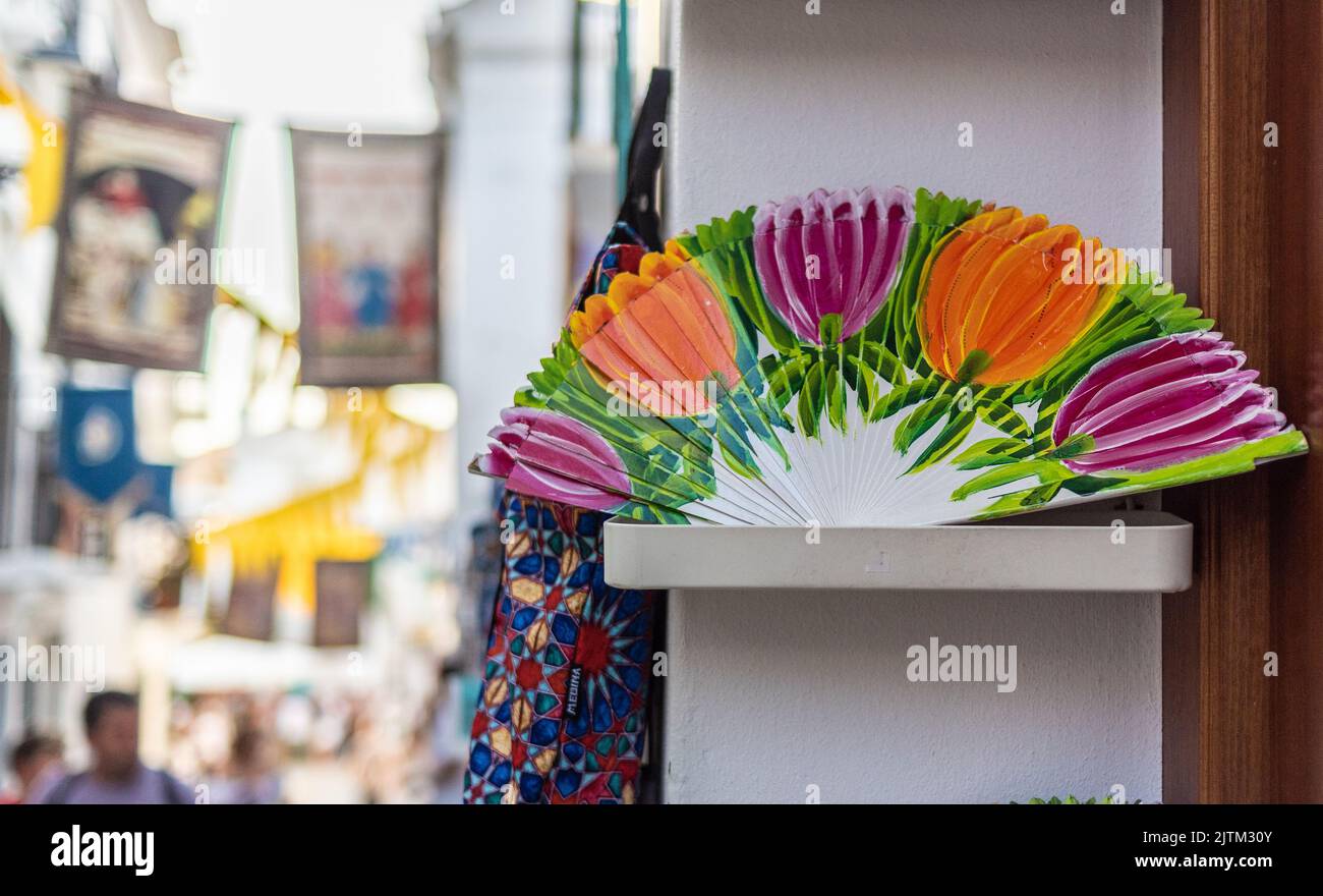 Ventilateur avec des dessins de tulipes de différentes couleurs sur une étagère dans une boutique de Frigiliana Banque D'Images