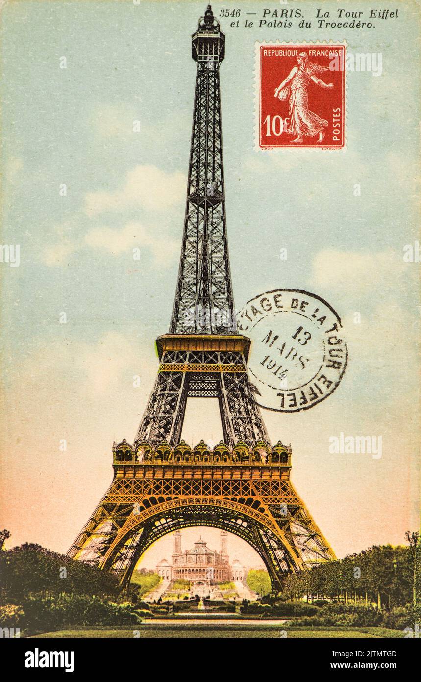 Cachet postal carte postale d'époque Tour Eiffel Paris France Banque D'Images