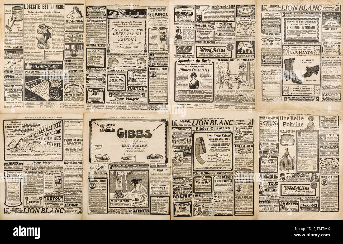 Ancienne page de journal avec publicité de gravure de lettrage vintage. Arrière-plan papier utilisé Banque D'Images