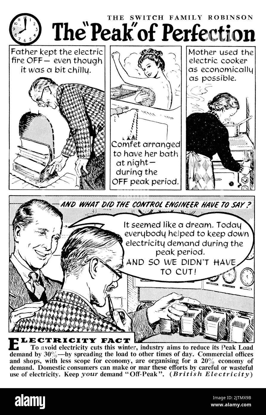1948 publicité britannique montrant comment éviter les coupures d'électricité en répartissant la charge et en utilisant moins d'électricité pendant les heures creuses. Banque D'Images