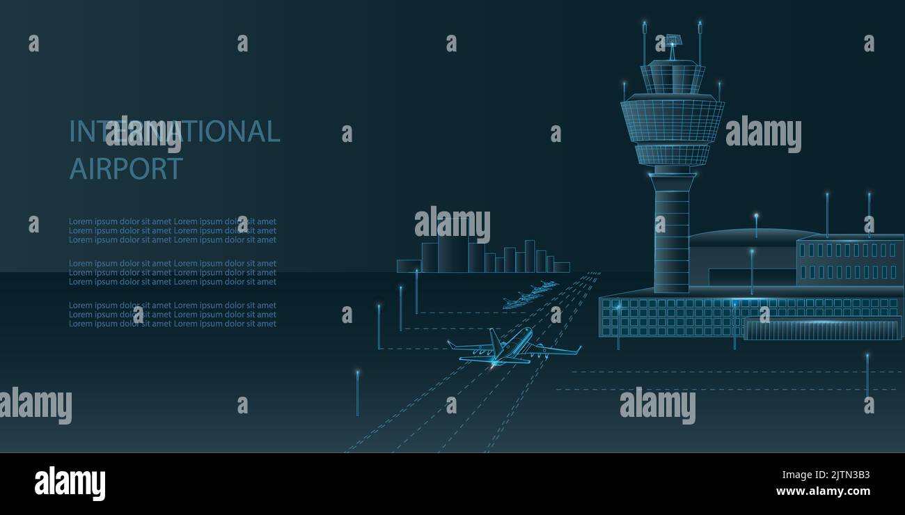Aéroport avec tour de contrôle, abri d'air, 3D bâtiments modernes et avion décollage en filaire bas de style poly avec des points et des lumières. Aéroport international Illustration de Vecteur