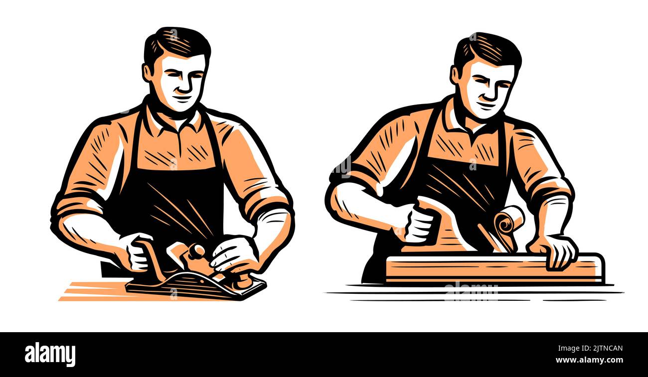 Menuisier avec jointer travaillant sur le bois. Menuiserie, menuiserie, menuiserie concept. Illustration vectorielle Illustration de Vecteur