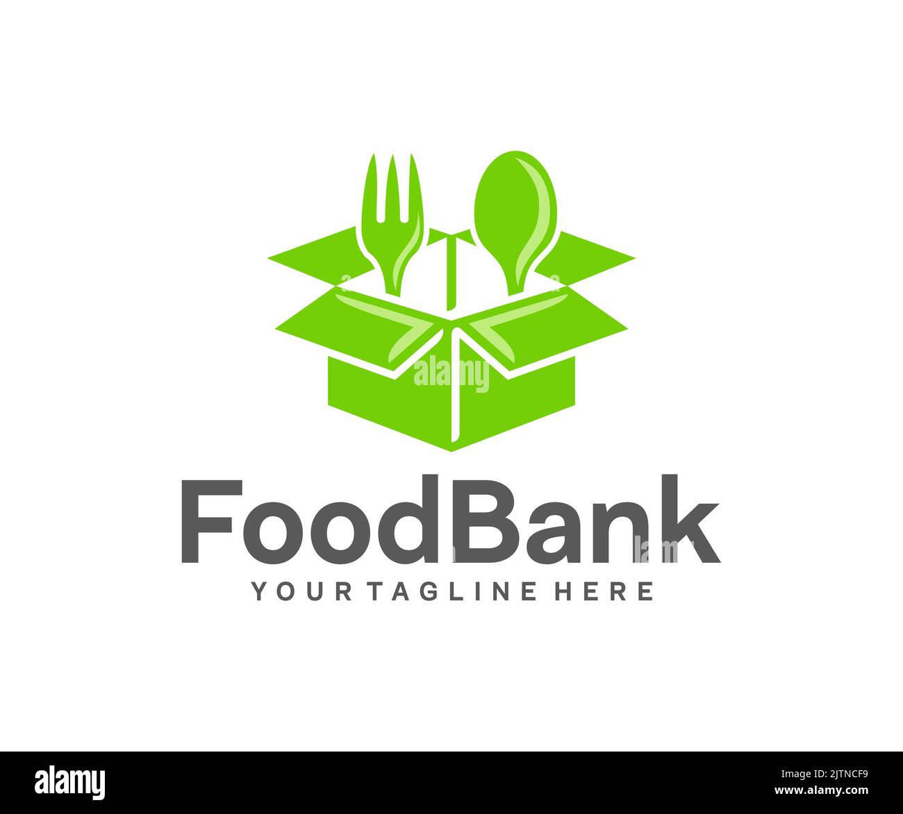 Boîte à provisions, nourriture, fourchette et cuillère, logo. Banque alimentaire, fondation et organismes de bienfaisance, conception et illustration de vecteurs Illustration de Vecteur