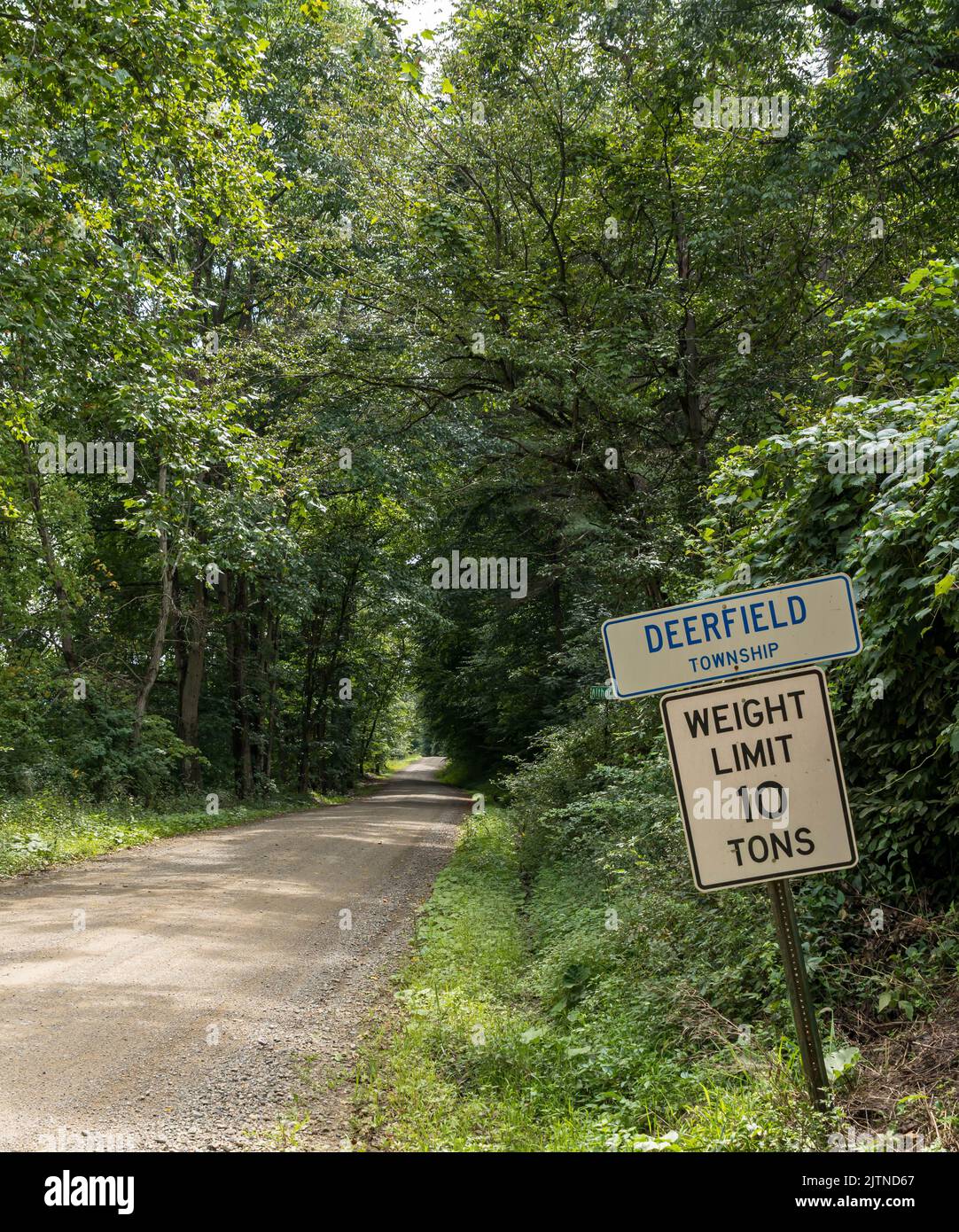 Panneaux routiers sur le côté d'une route de terre dans les bois dans le canton de Deerfield, Pennsylvanie, États-Unis, par une belle journée d'été Banque D'Images