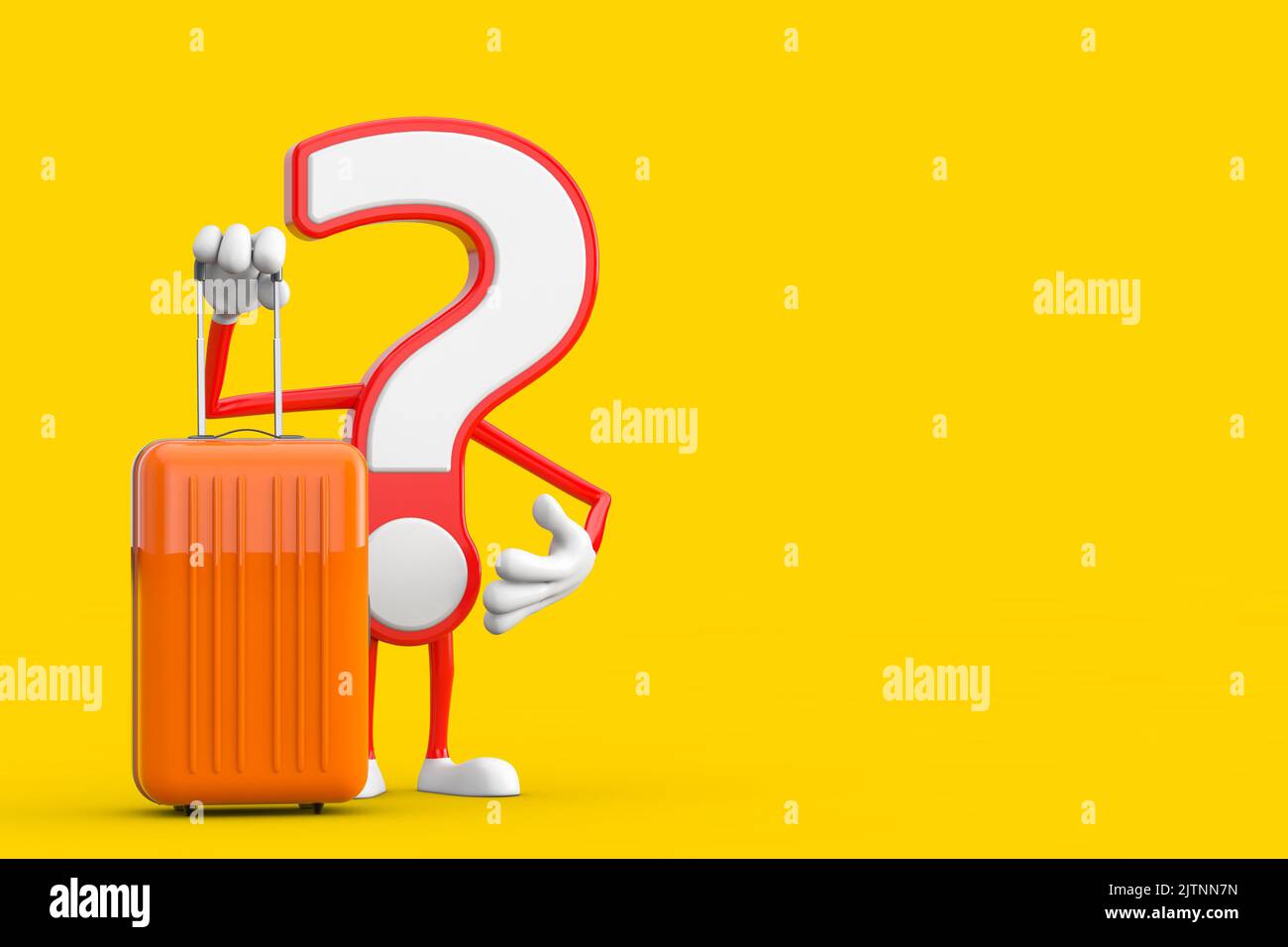 Point d'interrogation signe personnage de dessin animé personne mascotte avec Orange Travel Suitcase sur fond jaune. 3D rendu Banque D'Images