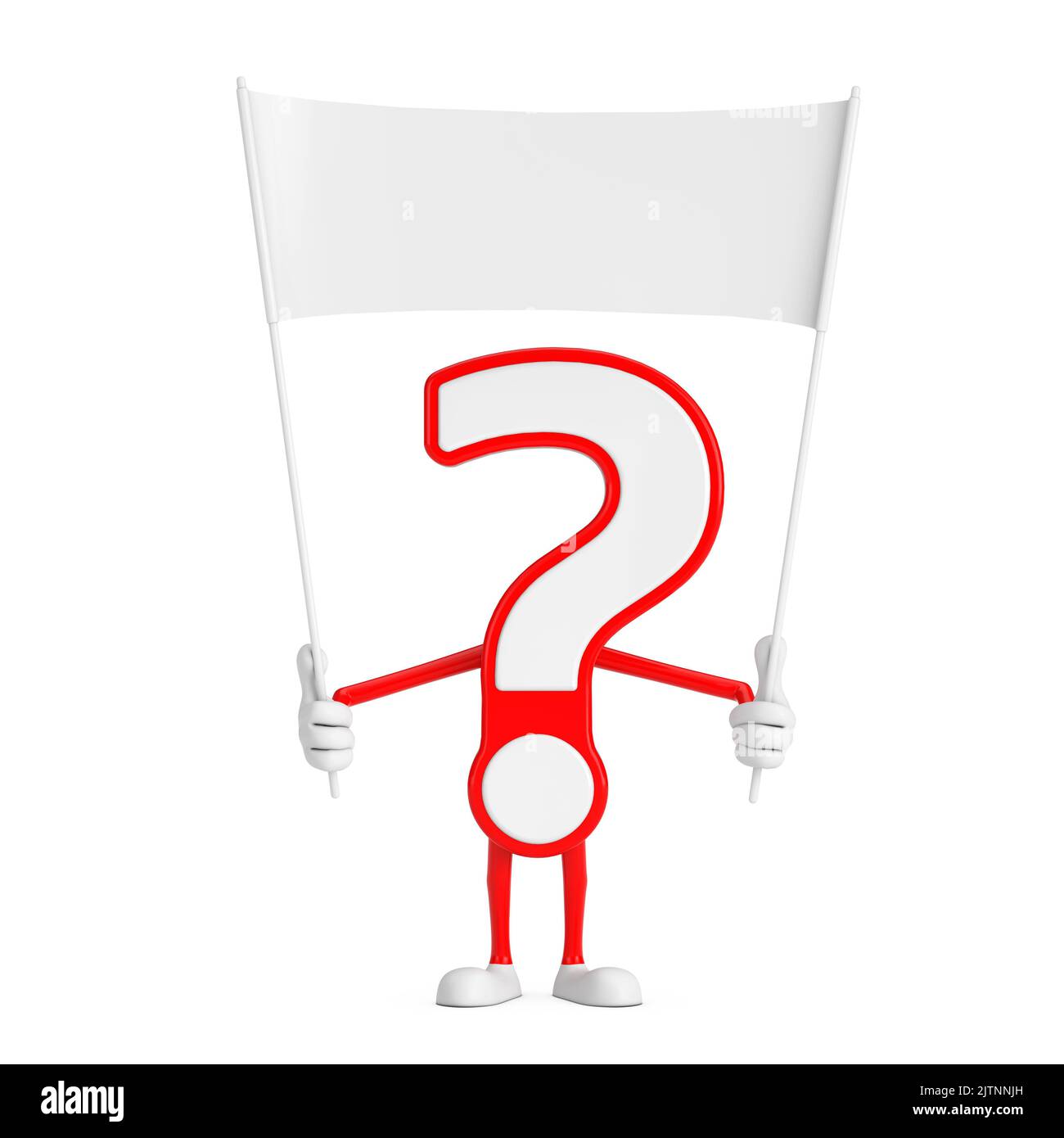 Point d'interrogation signe dessin animé personnage mascotte et vide blanc bannière vierge avec espace libre pour votre conception sur un fond blanc. 3D rendu Banque D'Images