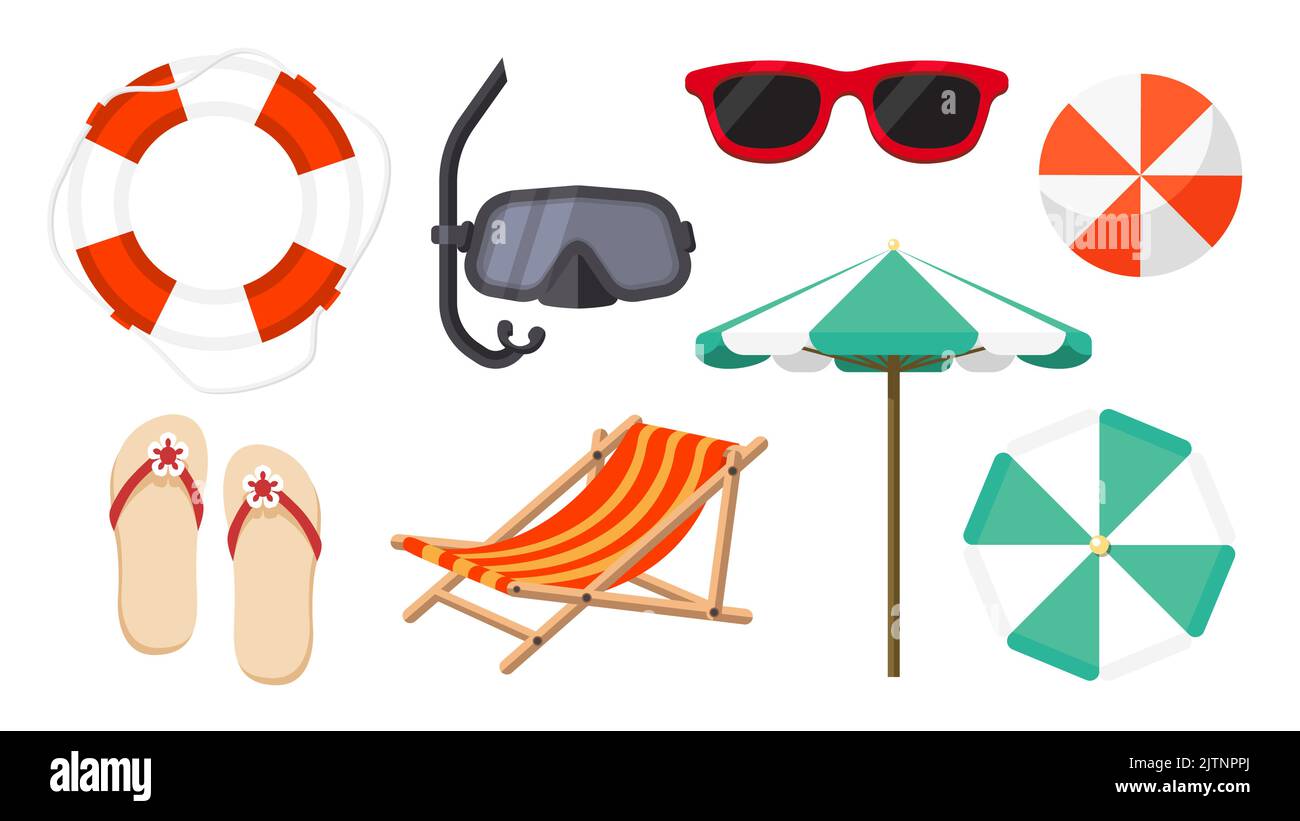 Collection ensemble de vacances d'été objet parasol chaise de plage inclinable lunettes de soleil masque de plongée tongs anneau en caoutchouc Illustration de Vecteur