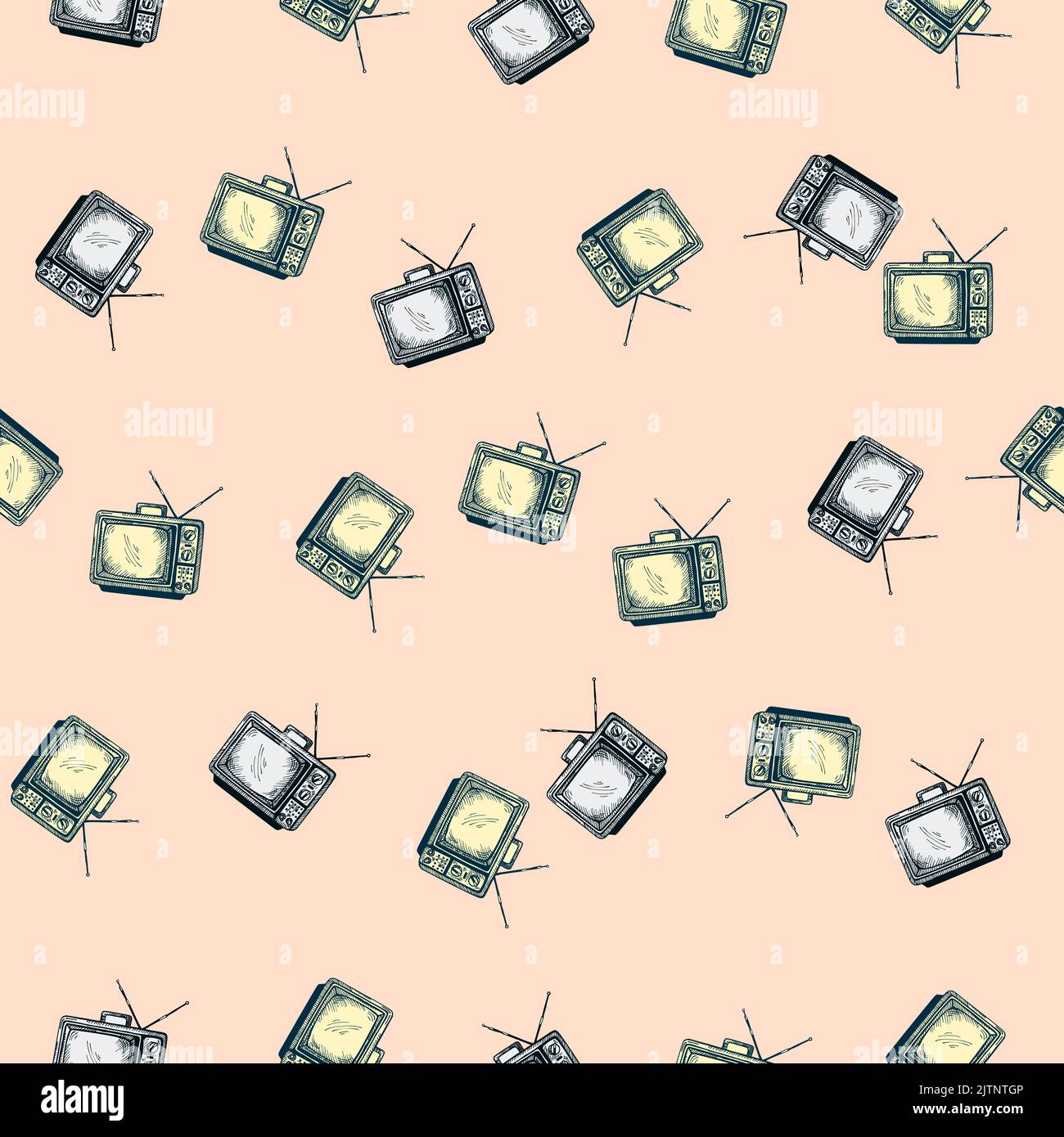 Téléviseur rétro avec antenne gravée sans couture. Téléviseur vintage de style dessiné à la main. Texture d'esquisse pour tissu, papier peint, textile, imprimé, titre, Illustration de Vecteur