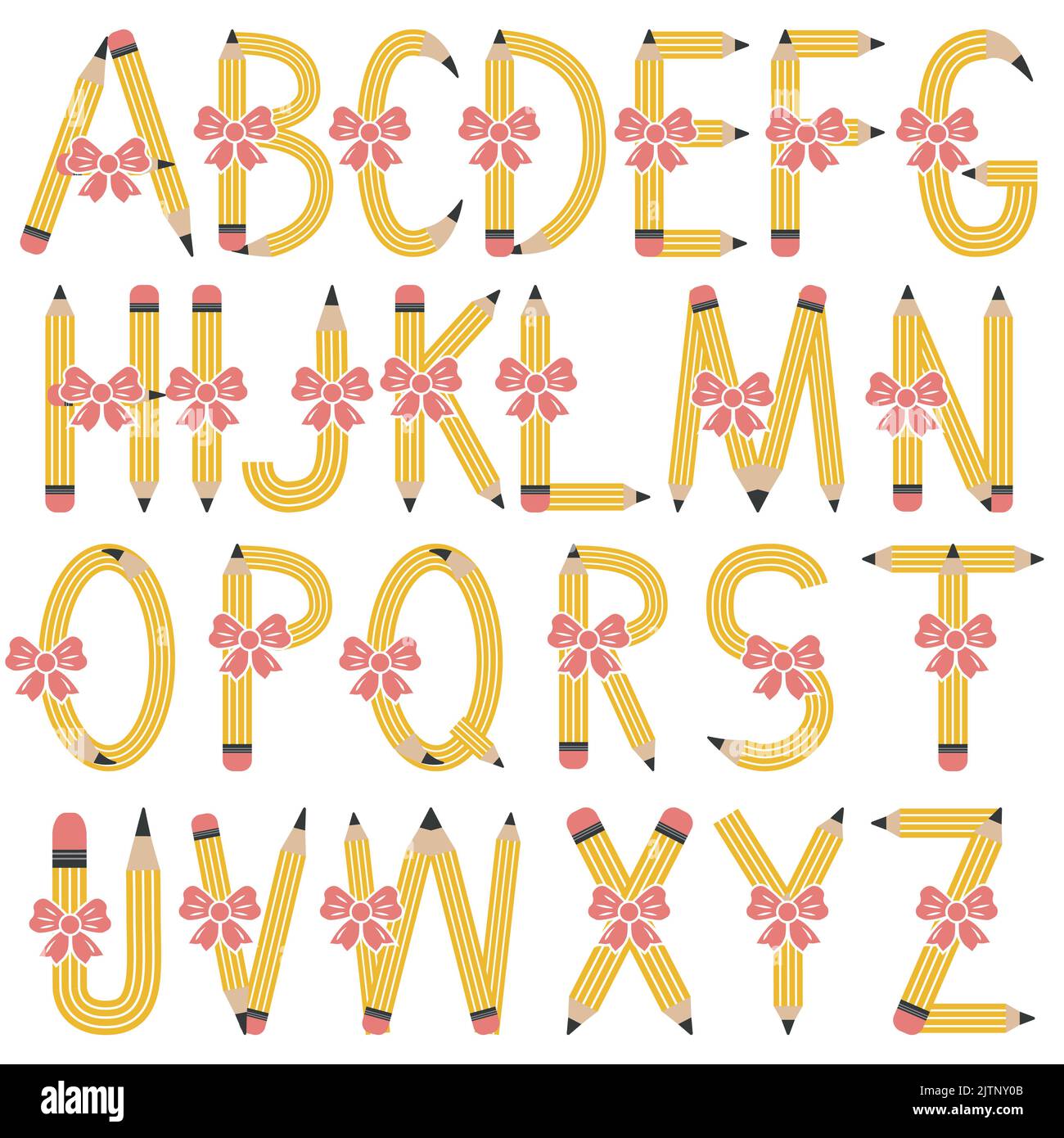 Alphabet anglais de crayons décorés de ruban, lettres, illustration vectorielle isolée par couleur. Illustration de Vecteur