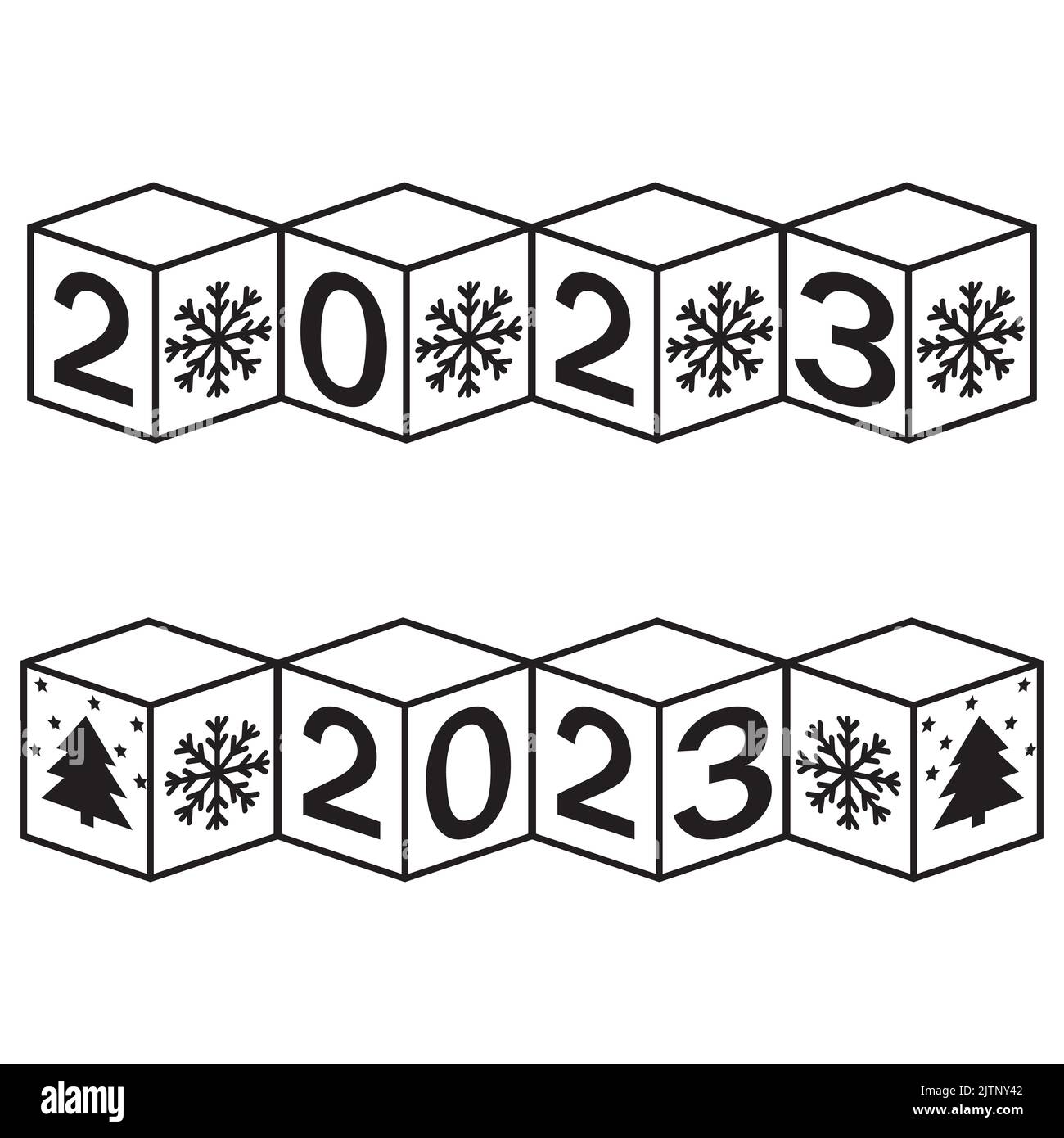 Calendrier de Noël, nouvel an fait de cubes avec le numéro 2023, illustration vectorielle noir contour doodle. Illustration de Vecteur