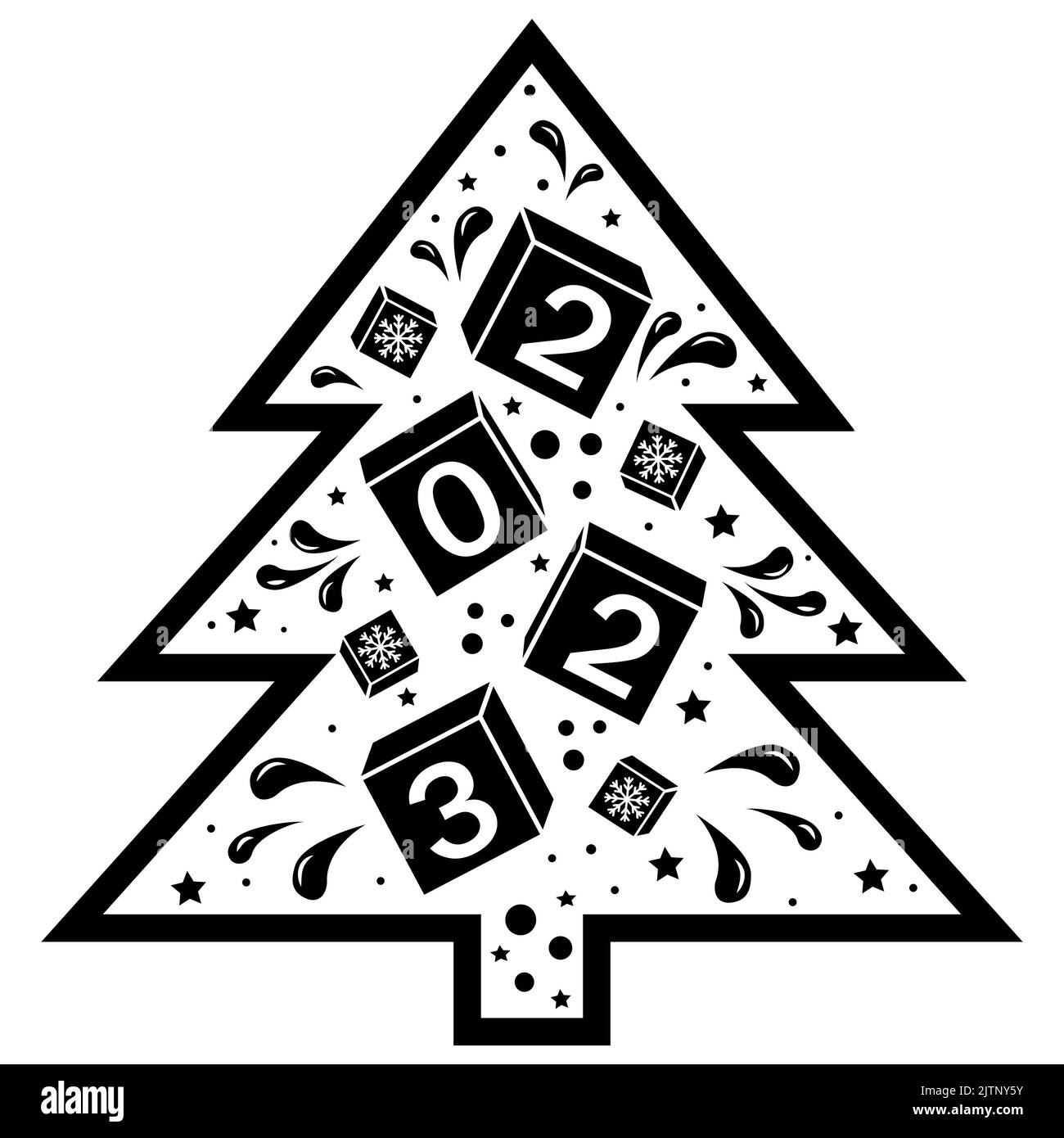 Arbre de Noël avec 2023 et motif, illustration vectorielle modèle noir. Illustration de Vecteur