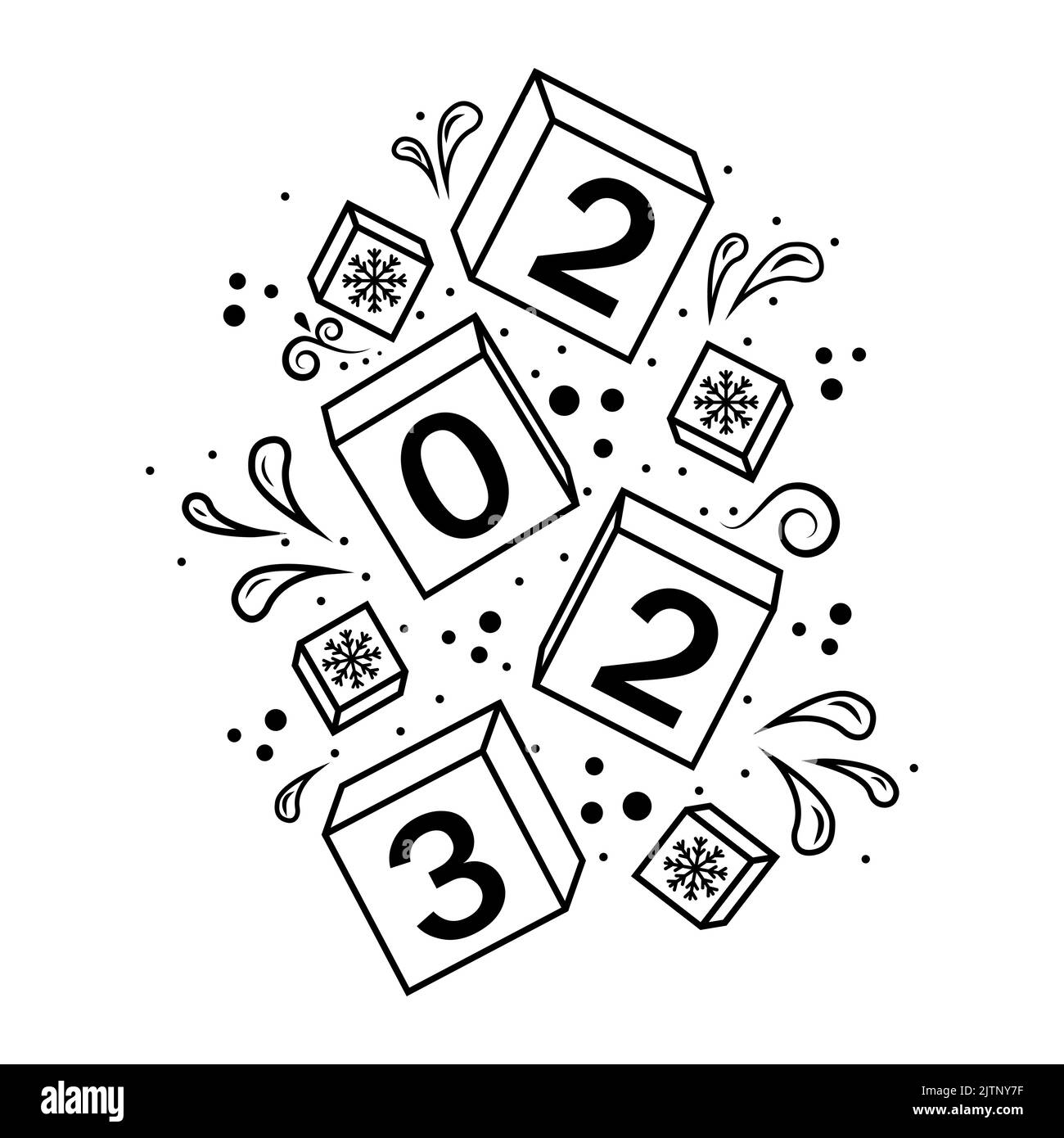 Calendrier de Noël, nouveaux cubes de chute de l'année avec le numéro 2023, Doodle de contour noir, illustration vectorielle. Illustration de Vecteur