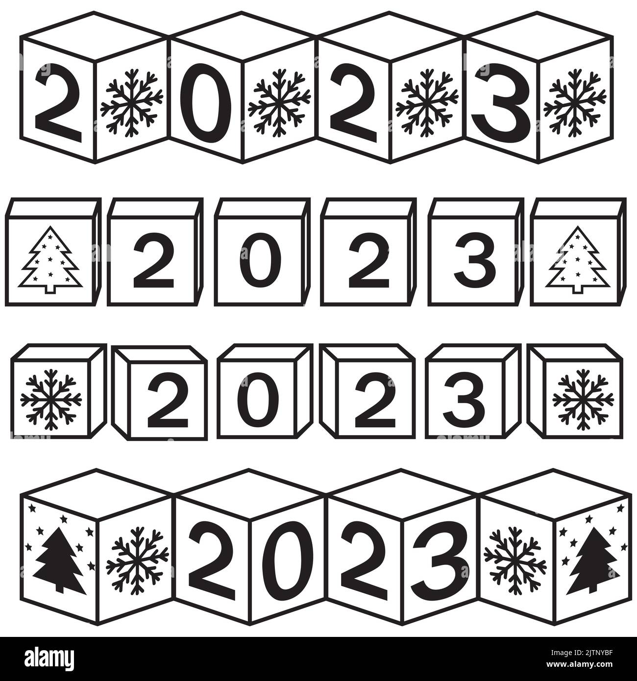 Calendrier de Noël, nouvel an fait de cubes avec le numéro 2023, illustration vectorielle noir contour doodle. Illustration de Vecteur