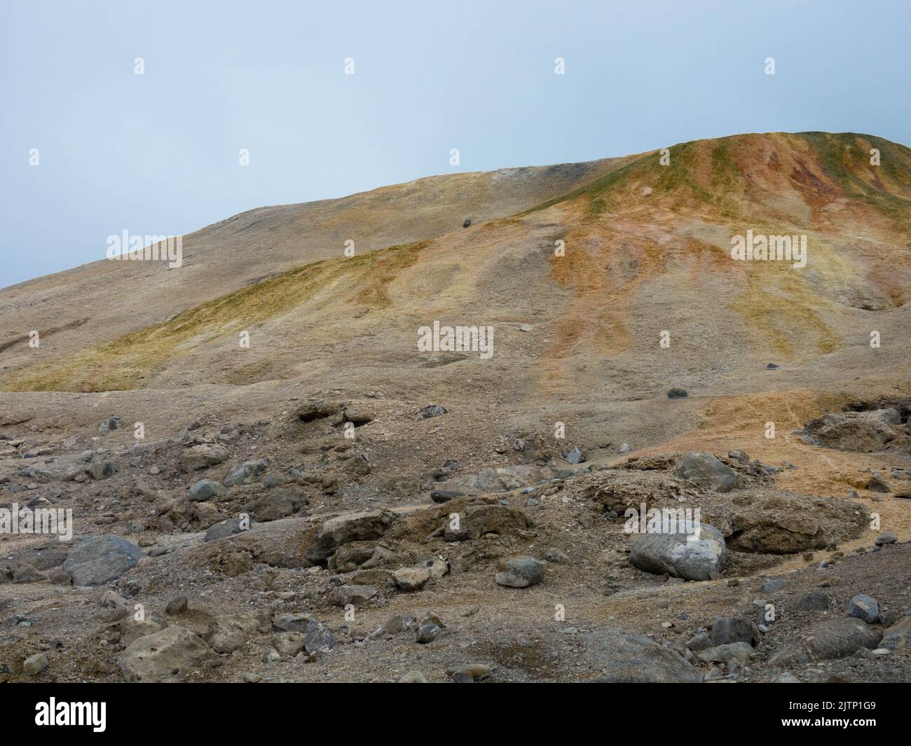 Vues spectaculaires sur les montagnes de calcaire colorées avec sources chaudes et terrasses de friteuses. Bockfjorden, Svalbard, Norvège. Banque D'Images