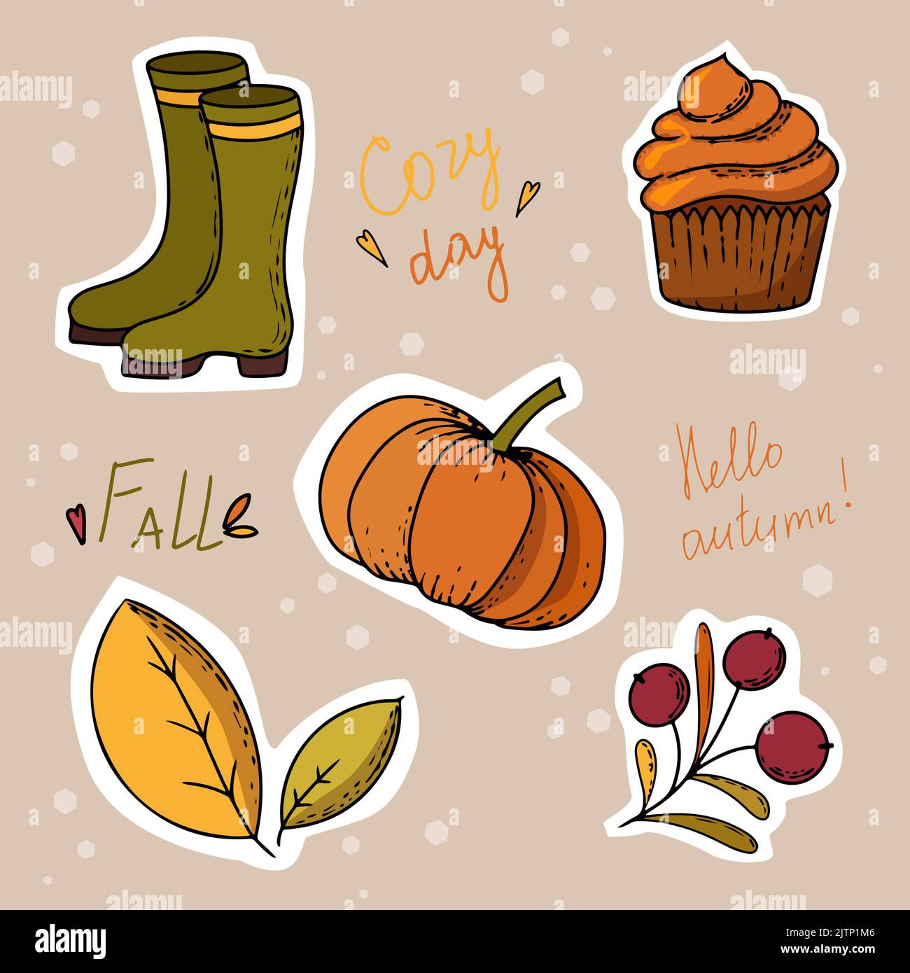 ensemble d'autocollants d'automne potiron cupcake citrouille bottes en caoutchouc laisse des baies sur une branche et lettrage d'automne Illustration de Vecteur